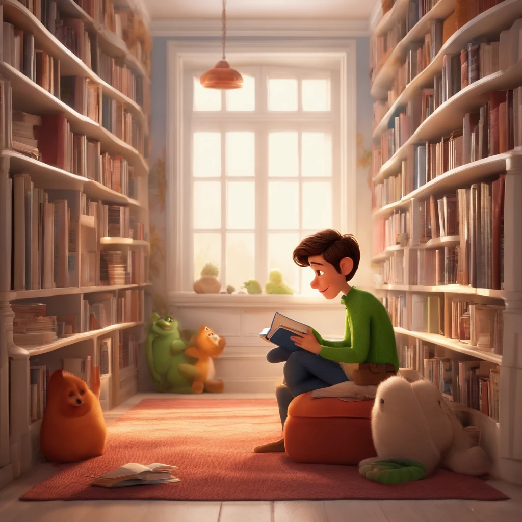 fundo branco, pixar desenhos animados 3D, homem de cabelo cacheado lendo um livro, ::estilo pixar cartoon