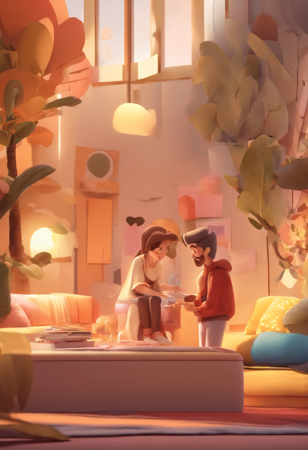 An illustration of an adorable couple, Destacando um homem e uma mulher com beleza, Expressive eyes – the man's hair is bald and brown and he has a full beard, While the woman's hair is tied up in a bun and blonde. They are a bright space, Todos com um sorriso no rosto, e compartilhe um momento especial, That is marked by love, viagem, and pedagogical insights. Ilustre esta cena a partir de uma perspectiva, where they're facing away from the camera, Show Your Connection. Desenvolva esta arte em Full HD, Focus on your cinematic touch, Estilo Disney Pixar Animations