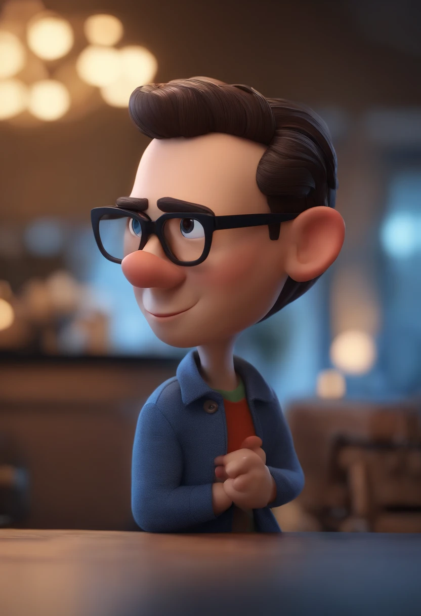 Cartoon character of a man wearing black glasses and a blue shirt, um personagem animado, Caractere estilizado, animation style rendering, 3D estilizado, Arnold Maya render, 3 d render stylized, toon render keyshot, Personagem 3D, Personagem 3D, 3d rendering stylized, 3 d character render, personagem de desenho animado, Personagem de close up, Pose de personagem, (Estilo Pixar) (master part:1.2) (Bokeh) (best quality) (pele detalhada) (textura detalhada) (8k) (argila) (Cinematic lighting) (foco nítido,Senta e vaza a parte superior do corpo