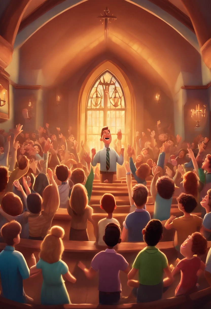 Movie cover with the title "IBCA" of very happy people in an evangelical church with their hands raised and singing in Disney Pixar style