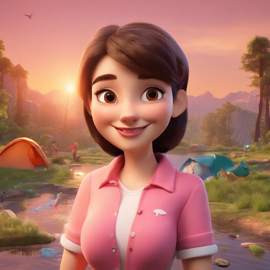 create a 3D movie poster inspired by Disney Pixar, The scene should be in Pixar's signature digital art style, com uma imagem caricatural de uma jovem de 10 anos feliz e sorridente. She's wearing a light pink shirt, deitada de frente na porta de uma barraca azul pequena de camping.