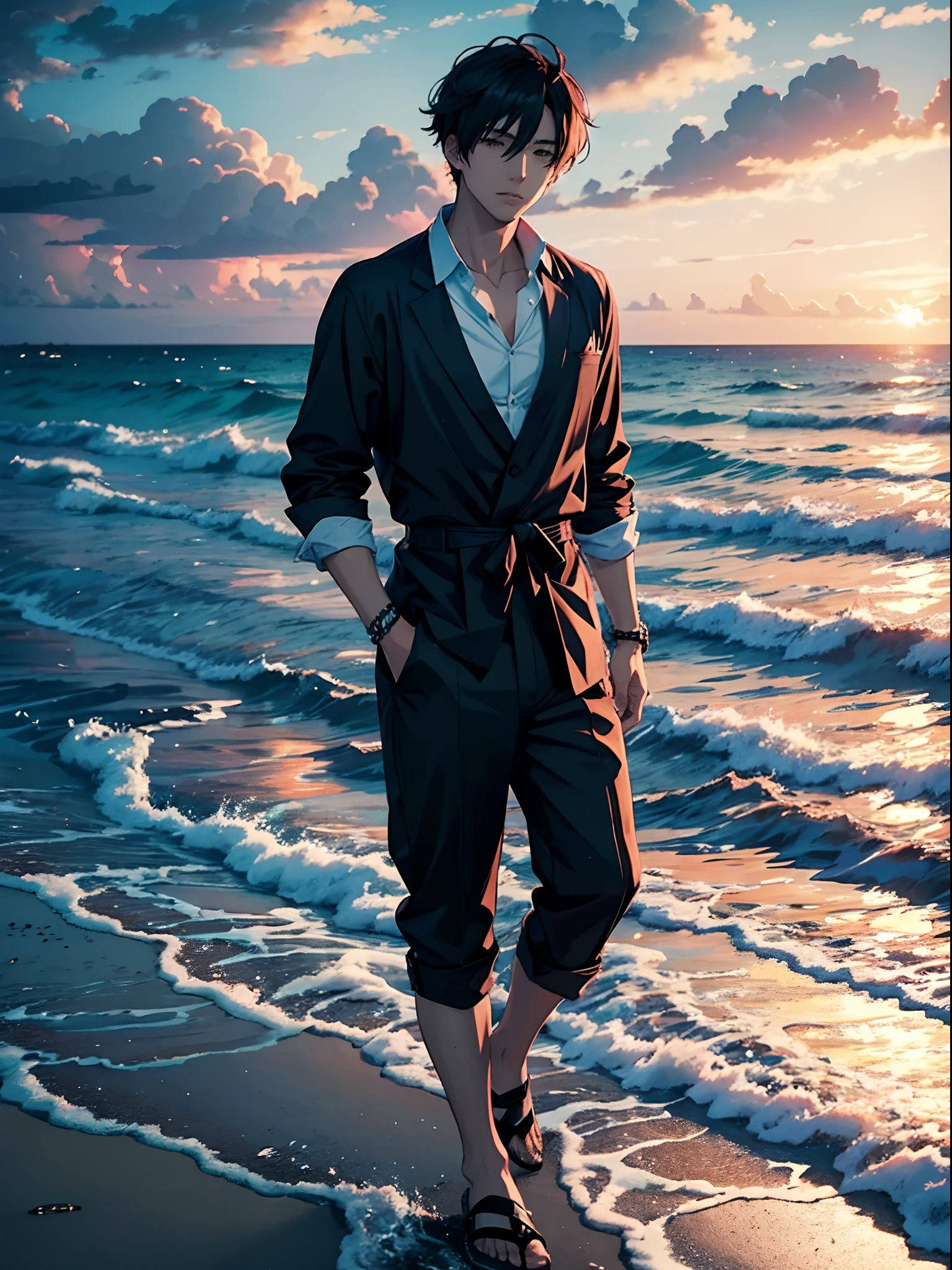 a handsome anime man on the seashore, gloomy ocean, cloudy sky, dusk, beautiful picture