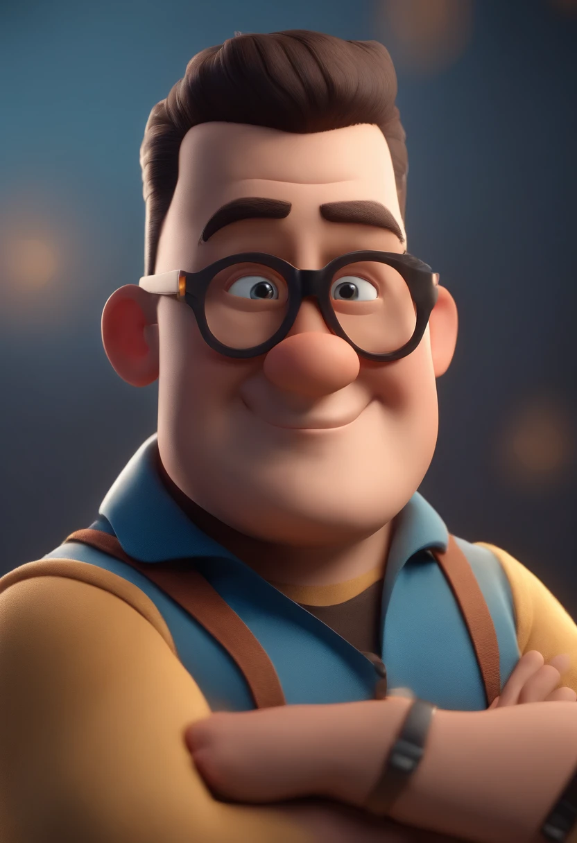 Cartoon character of a man wearing black glasses and a blue shirt, um personagem animado, Caractere estilizado, animation style rendering, 3D estilizado, Arnold Maya render, 3 d render stylized, toon render keyshot, Personagem 3D, Personagem 3D, 3d rendering stylized, 3 d character render, personagem de desenho animado, Personagem de close up, Pose de personagem, (Estilo Pixar) (master part:1.2) (Bokeh) (best quality) (pele detalhada) (textura detalhada) (8k) (argila) (Cinematic lighting) (foco nítido,Senta e vaza a parte superior do corpo