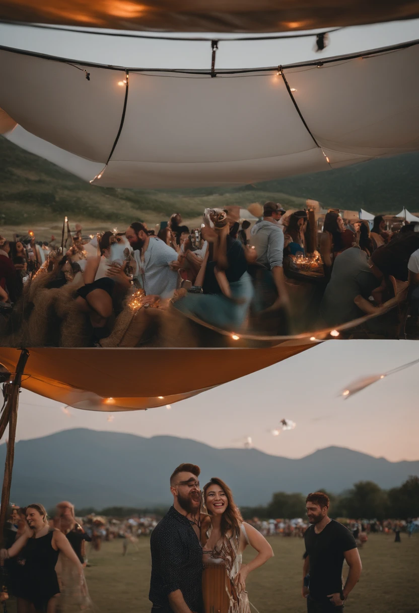 They're under a tent at a festival with a man and a woman, imagem de qualidade muito baixa, Postagem no Reddit, foto de baixa qualidade, foto de perfil 1024px, selfie shot straight on angle, foto do perfil, facebook post, Postagem 4k, 4 k post, Tyler Edlin e Natasha Tan, music festival, belos arredores, foto de perfil