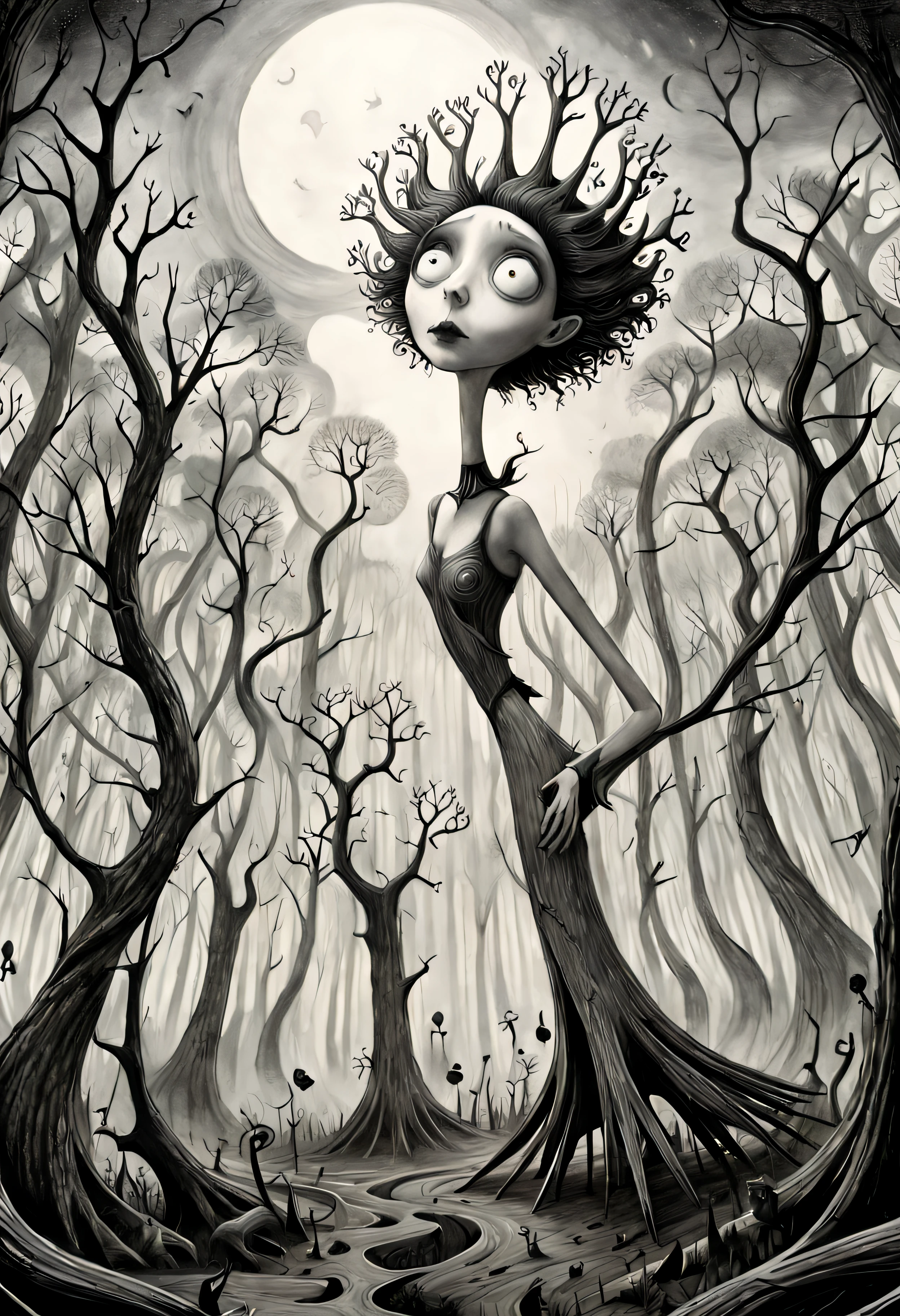 monochrome (pencil scektch:1.3),(she:1.15) In a Tim Burton-inspired forest, peculiar trees with angular branches reach towards the sky.The juxtaposition of Burton's peculiar charm and the mesmerizing allure of geometry gives birth to a truly enchanting and captivating scene.,(hand drawn with pencil:1.15), (tim burton style:1.27), ,