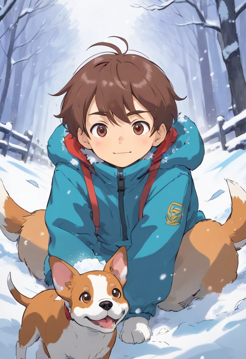 younge boy,There are two beagle ears on the head,Roll in the snow,Q version,Simple lines,Dirty face
