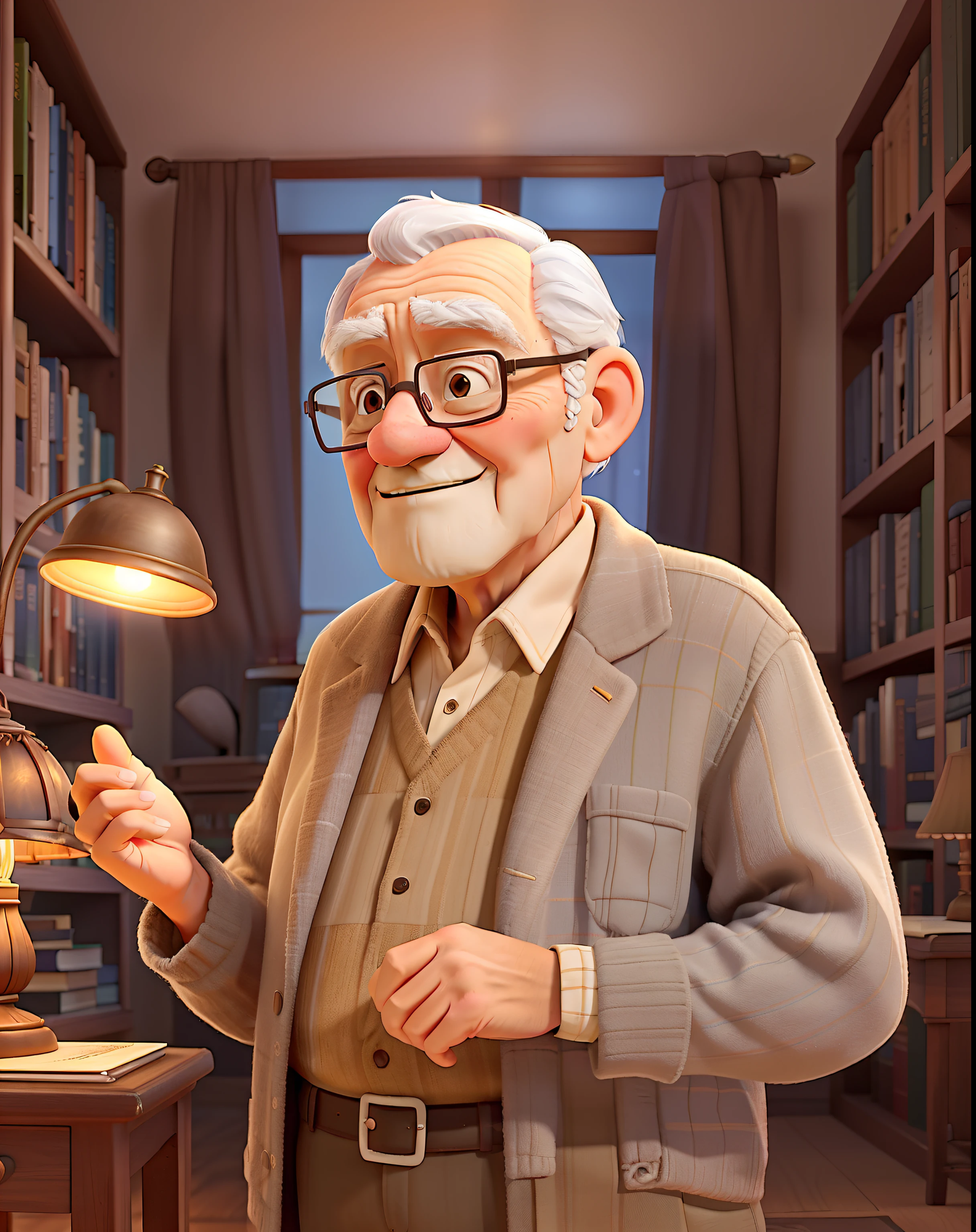 A wise old man standing in front, illuminated by the light of a lamp, against the backdrop of a library