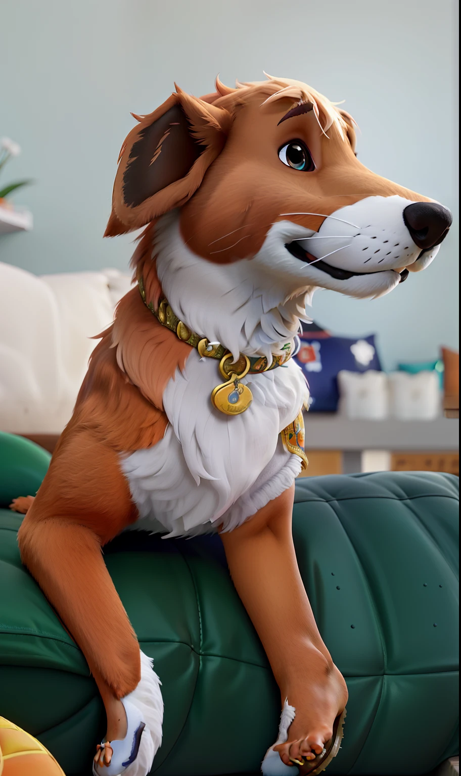 Vira lata caramelo, com manchas brancas, Lying on the couch, com coleira de osso dourada escrito Amora