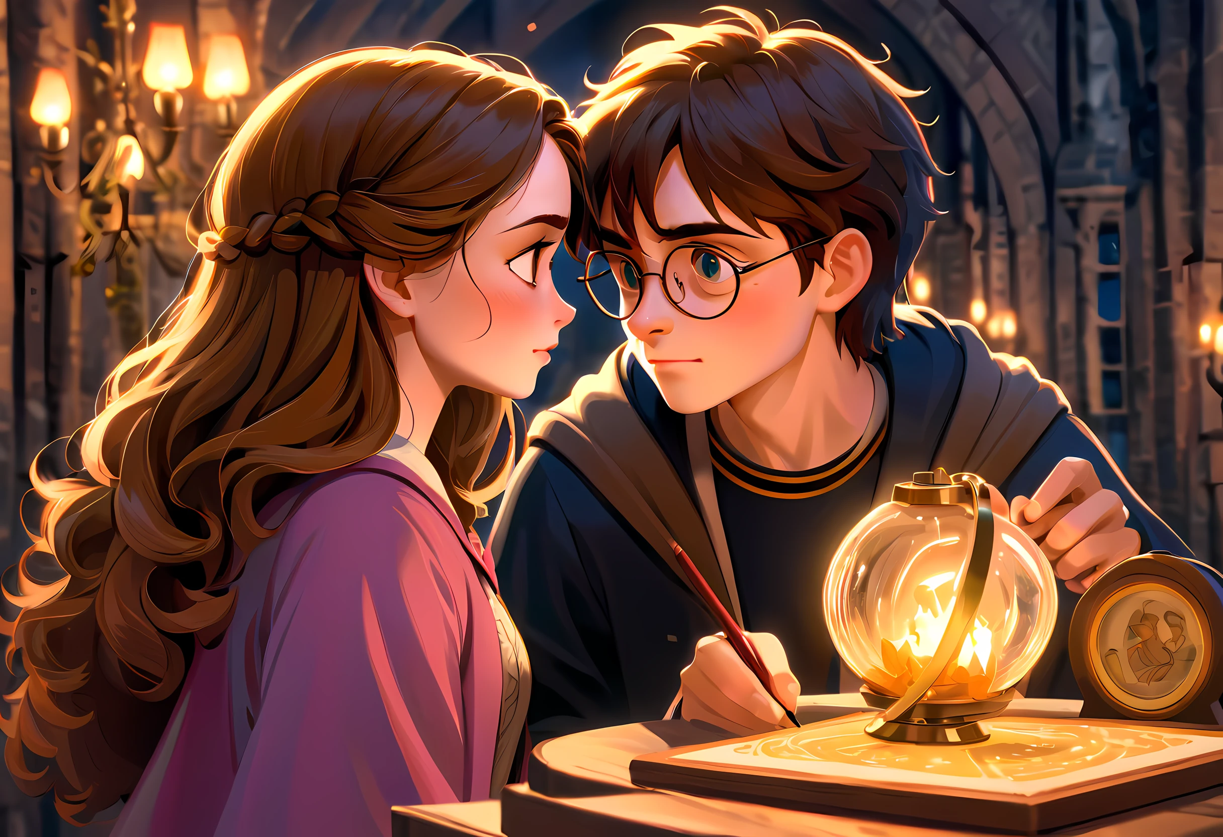 Pixar:2，(best quality,4k,8k,highres,masterpiece:1.2), ultra-detailed, realistic:1.37, Hermione and Harry Potter fall in love In the enchanted world of Hogwarts, Hermione and Harry Potter find themselves entangled in a magical love story. The scene unfolds with breathtaking beauty and attention to detail, reminiscent of a Pixar animation masterpiece. As we delve into this scene, the expertly crafted visuals capture the essence of their love. Hermione's beautiful detailed eyes sparkle with a sense of wonder, drawing you into their enchanting connection. Harry's intense gaze reflects his affectionate admiration for her, the depth of his emotions radiating from his soulful eyes. Their lips meet in a tender embrace, portrayed with delicate precision and captivating realism. The intricate details of their lips form a perfect union, their love immortalized by the masterful strokes of a brush. Their love story unfolds in every nuance, captured flawlessly in this ultra-detailed depiction. The image quality is unparalleled, with every pixel meticulously crafted to showcase the magic within. With a resolution of 8k, this artwork possesses the power to transport viewers into the very heart of this fantastical romance. Rendered with a photorealistic touch, the characters come to life in a Pixar style blend of charm and realism. The artistry behind the animation captures their likeness with precision, allowing us to witness the tender moments and emotions shared between Hermione and Harry. The colors in this artwork are vivid and rich, reminiscent of a stunning painting. Each hue is carefully chosen to evoke the magical ambiance of their love story. From the warm golden tones that envelop them to the luscious greens of the mystical gardens, every shade adds depth and meaning to the scene. The lighting in this piece is nothing short of ethereal. Soft, yet dramatic, it bathes the characters in a warm glow, emphasizing the bond they share. The gentle play of light and shadow