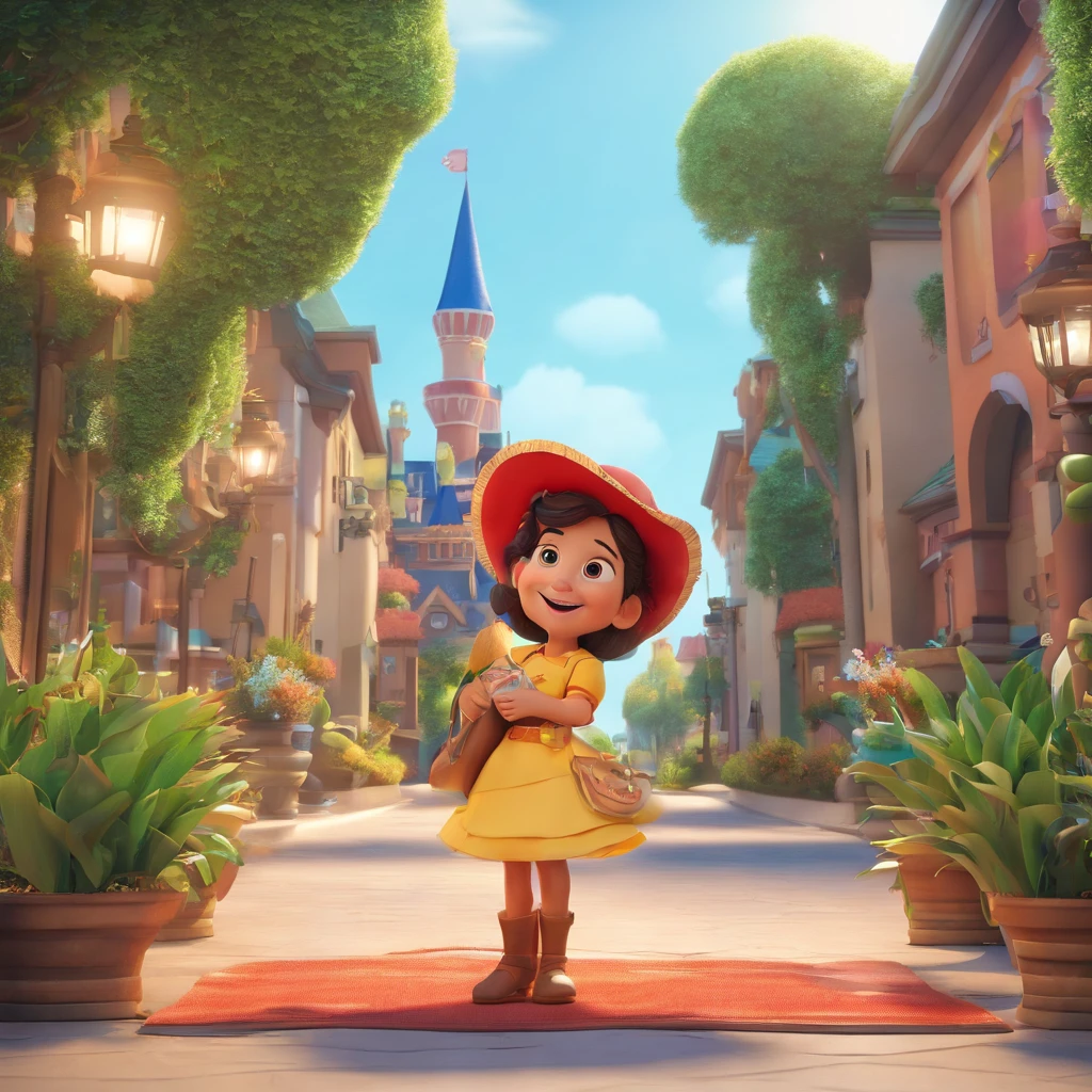 Crie um cartaz inspirado na Disney Pixar com uma mulher sorrindo