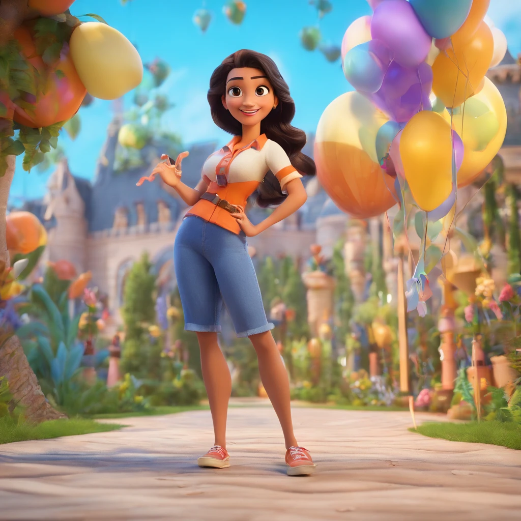 (Pixar 1.23 estilo) 1 menina ((parte superior do corpo frente, busto tiro)), solo, Beautiful child, pele morena, cabelos levemente cacheados, tracksuit bonita, menina, Brazilian child, playground, ((obra-prima, mais alta qualidade)), (composite lighting)