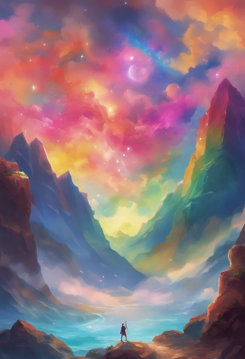 Vast Landscape Photo (view from bottom, which shows the sky above and the rocks below), Fortress at the top (full moon: 1,2), (Shooting stars: 0,9), (nebula: 1,3), A Distant Mountain , дерево BREAK production art, (Cold Light Source:1.2), (Firefly:1.2), Snow-capped mountains, voluminous lighting, реализм BREAK (tmasterpiece:1.2), (beste-Qualit), 4k, ultra-detailed, (dynamic composition: 1.4), Detailed, colorful details, (Rainbow colors: 1.2), (Glowing Lighting, Ambiance Lighting), dreamy, elvish, (独奏: 1.2)