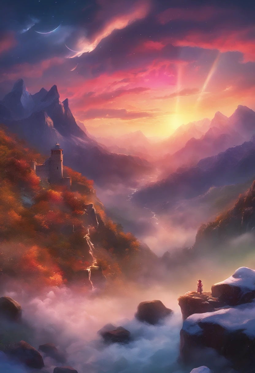 Vast Landscape Photo (view from bottom, which shows the sky above and the rocks below), Fortress at the top (full moon: 1,2), (Shooting stars: 0,9), (nebula: 1,3), A Distant Mountain , дерево BREAK production art, (Cold Light Source:1.2), (Firefly:1.2), Snow-capped mountains, voluminous lighting, реализм BREAK (tmasterpiece:1.2), (beste-Qualit), 4k, ultra-detailed, (dynamic composition: 1.4), Detailed, colorful details, (Rainbow colors: 1.2), (Glowing Lighting, Ambiance Lighting), dreamy, elvish, (独奏: 1.2)