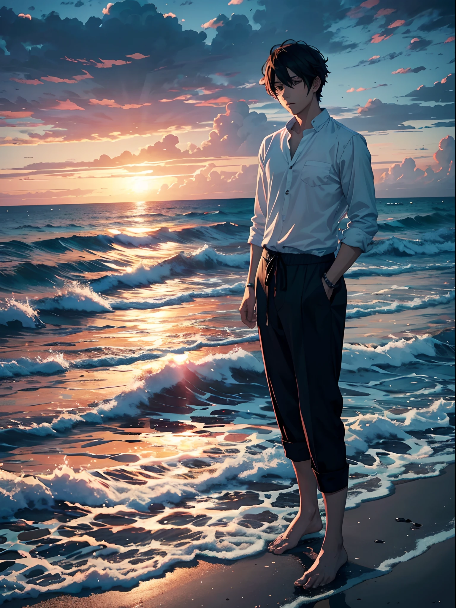 a handsome anime man on the seashore, gloomy ocean, cloudy sky, dusk, beautiful picture