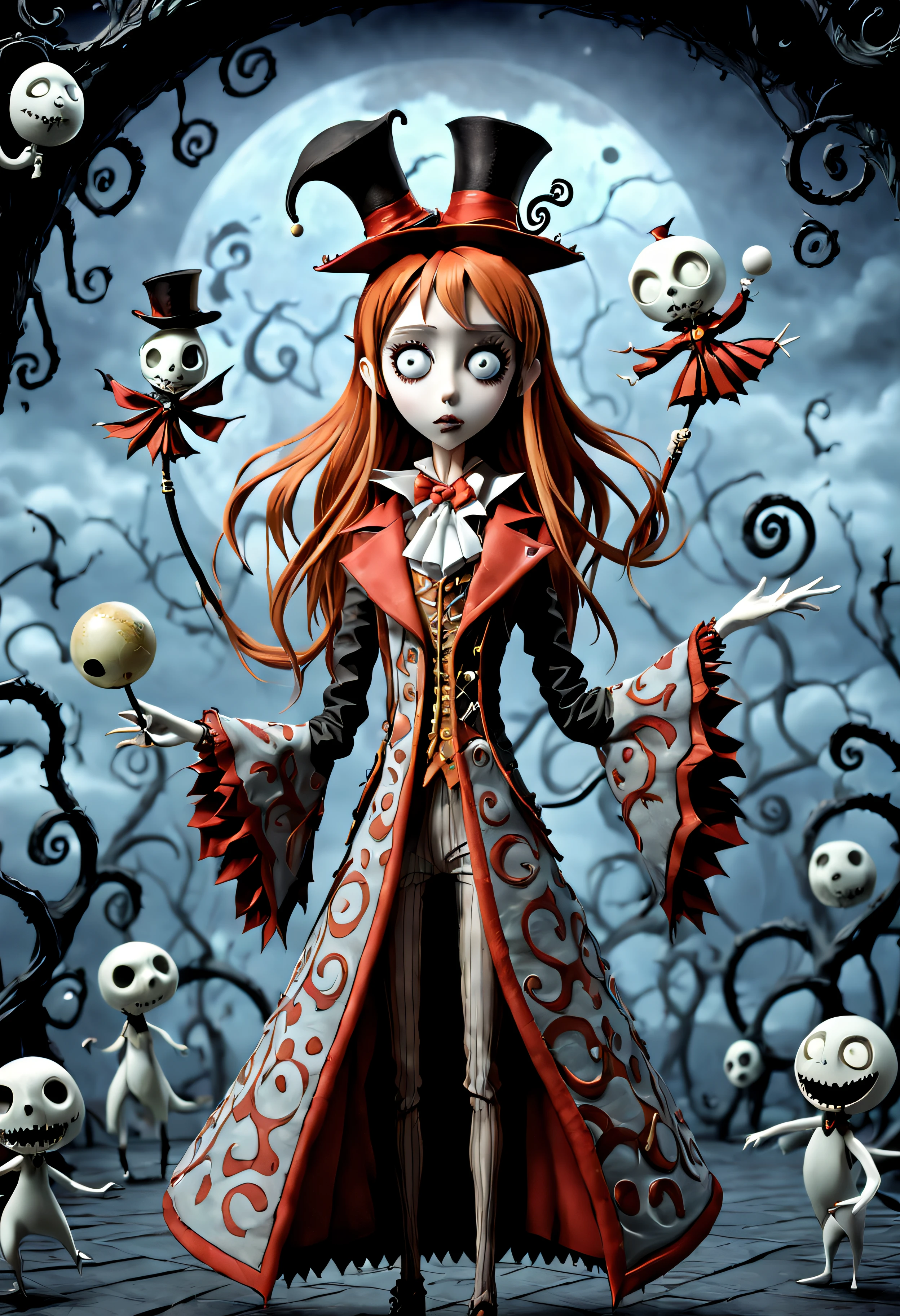 In a Tim Burton-style carnival, Asuna becomes the ringmaster. Her coat, embroidered with enigmatic geometry patterns, billows dramatically as she commands the peculiar attractions. Around her, peculiar creatures with Burtonesque charm and anime aesthetics perform tricks â juggling shapes that defy geometry and acrobatics that challenge the laws of physics. Asuna's presence adds an air of grace, blending anime enchantment with the eccentric wonders of a Burton-inspired spectacle.,(hand drawn with pencil:1.15), (tim burton style:1.27), ,