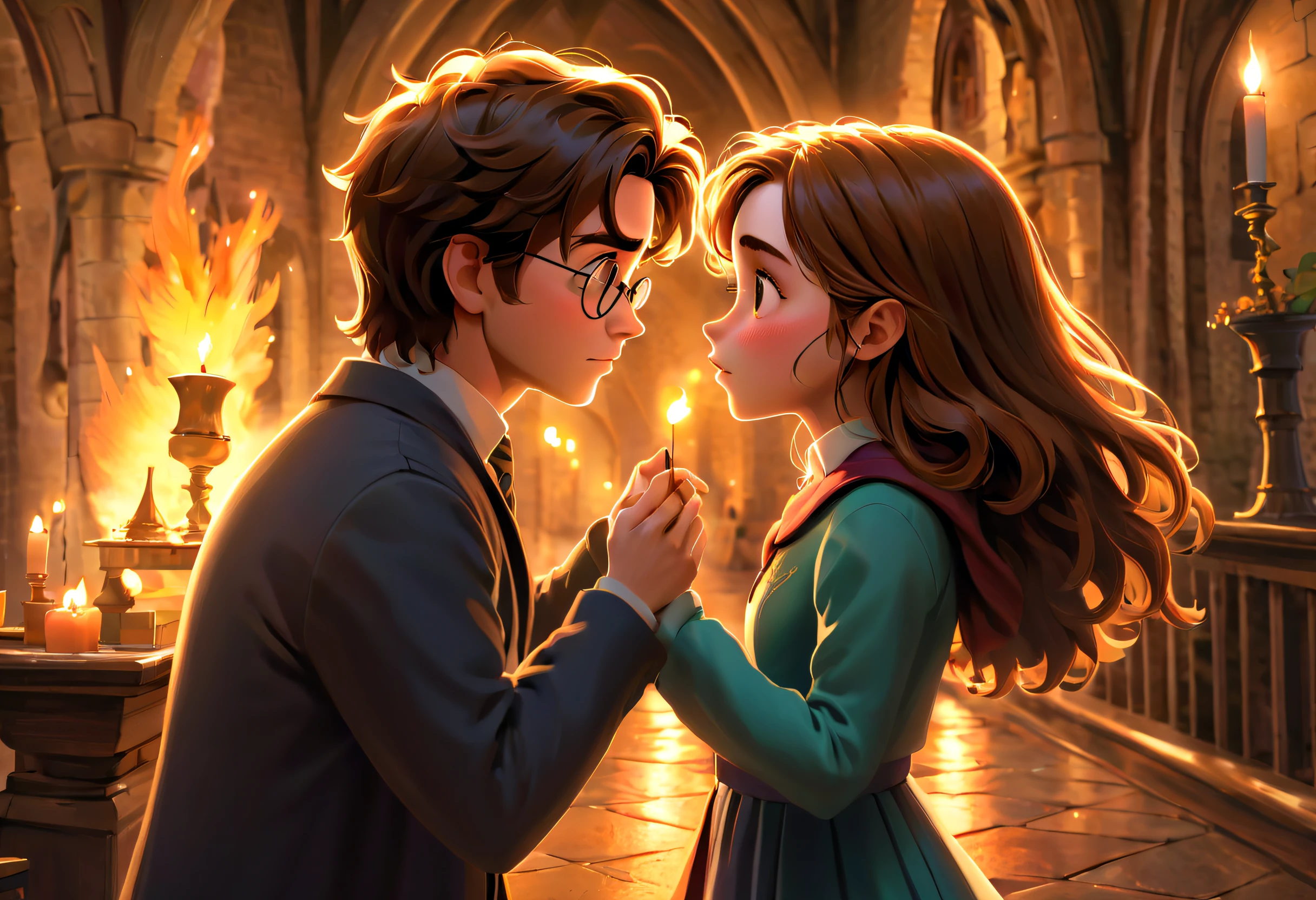 Pixar:2，(best quality,4k,8k,highres,masterpiece:1.2), ultra-detailed, realistic:1.37, Hermione and Harry Potter fall in love In the enchanted world of Hogwarts, Hermione and Harry Potter find themselves entangled in a magical love story. The scene unfolds with breathtaking beauty and attention to detail, reminiscent of a Pixar animation masterpiece. As we delve into this scene, the expertly crafted visuals capture the essence of their love. Hermione's beautiful detailed eyes sparkle with a sense of wonder, drawing you into their enchanting connection. Harry's intense gaze reflects his affectionate admiration for her, the depth of his emotions radiating from his soulful eyes. Their lips meet in a tender embrace, portrayed with delicate precision and captivating realism. The intricate details of their lips form a perfect union, their love immortalized by the masterful strokes of a brush. Their love story unfolds in every nuance, captured flawlessly in this ultra-detailed depiction. The image quality is unparalleled, with every pixel meticulously crafted to showcase the magic within. With a resolution of 8k, this artwork possesses the power to transport viewers into the very heart of this fantastical romance. Rendered with a photorealistic touch, the characters come to life in a Pixar style blend of charm and realism. The artistry behind the animation captures their likeness with precision, allowing us to witness the tender moments and emotions shared between Hermione and Harry. The colors in this artwork are vivid and rich, reminiscent of a stunning painting. Each hue is carefully chosen to evoke the magical ambiance of their love story. From the warm golden tones that envelop them to the luscious greens of the mystical gardens, every shade adds depth and meaning to the scene. The lighting in this piece is nothing short of ethereal. Soft, yet dramatic, it bathes the characters in a warm glow, emphasizing the bond they share. The gentle play of light and shadow