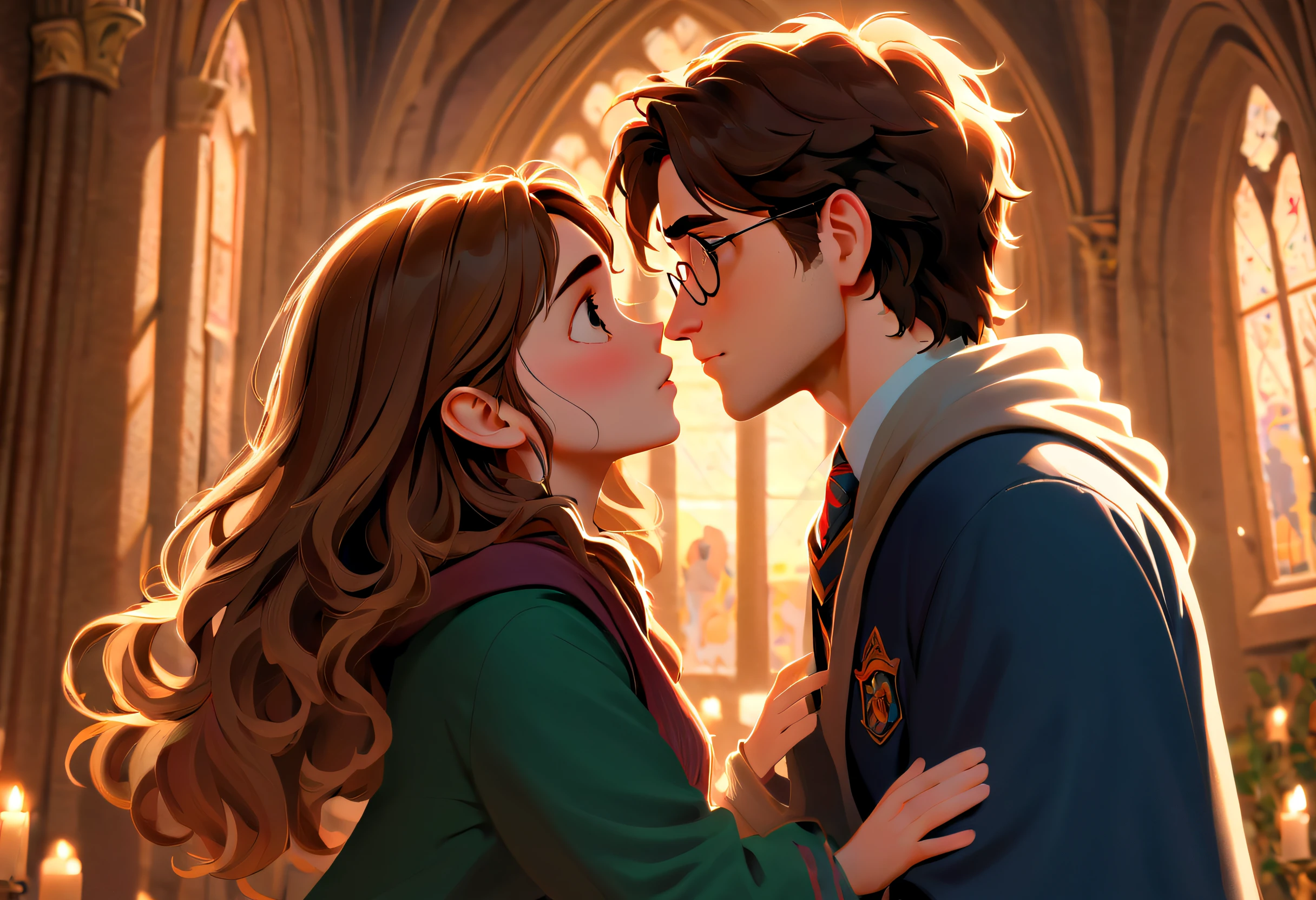 Pixar:2，(best quality,4k,8k,highres,masterpiece:1.2), ultra-detailed, realistic:1.37, Hermione and Harry Potter fall in love In the enchanted world of Hogwarts, Hermione and Harry Potter find themselves entangled in a magical love story. The scene unfolds with breathtaking beauty and attention to detail, reminiscent of a Pixar animation masterpiece. As we delve into this scene, the expertly crafted visuals capture the essence of their love. Hermione's beautiful detailed eyes sparkle with a sense of wonder, drawing you into their enchanting connection. Harry's intense gaze reflects his affectionate admiration for her, the depth of his emotions radiating from his soulful eyes. Their lips meet in a tender embrace, portrayed with delicate precision and captivating realism. The intricate details of their lips form a perfect union, their love immortalized by the masterful strokes of a brush. Their love story unfolds in every nuance, captured flawlessly in this ultra-detailed depiction. The image quality is unparalleled, with every pixel meticulously crafted to showcase the magic within. With a resolution of 8k, this artwork possesses the power to transport viewers into the very heart of this fantastical romance. Rendered with a photorealistic touch, the characters come to life in a Pixar style blend of charm and realism. The artistry behind the animation captures their likeness with precision, allowing us to witness the tender moments and emotions shared between Hermione and Harry. The colors in this artwork are vivid and rich, reminiscent of a stunning painting. Each hue is carefully chosen to evoke the magical ambiance of their love story. From the warm golden tones that envelop them to the luscious greens of the mystical gardens, every shade adds depth and meaning to the scene. The lighting in this piece is nothing short of ethereal. Soft, yet dramatic, it bathes the characters in a warm glow, emphasizing the bond they share. The gentle play of light and shadow