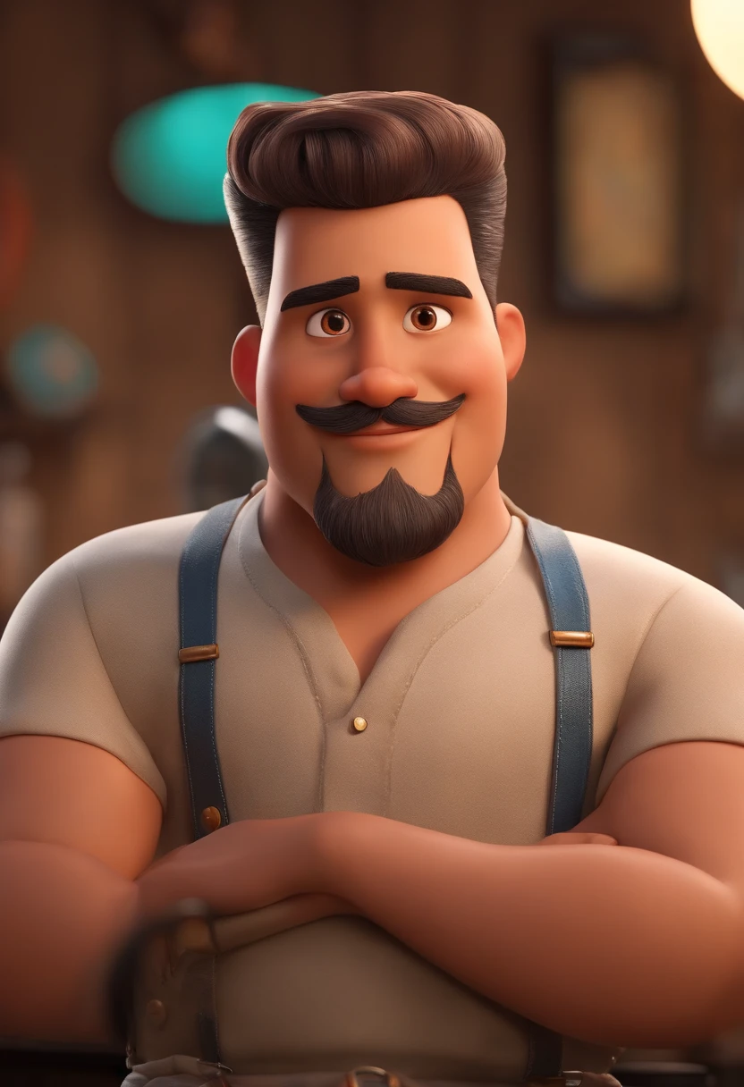 A Dream Barber Inspired by Pixar Animation, de perto. The character takes center stage with captivating facial expressions, oferecendo um toque de irrealidade, Cabelo curto e gordinho gradiente