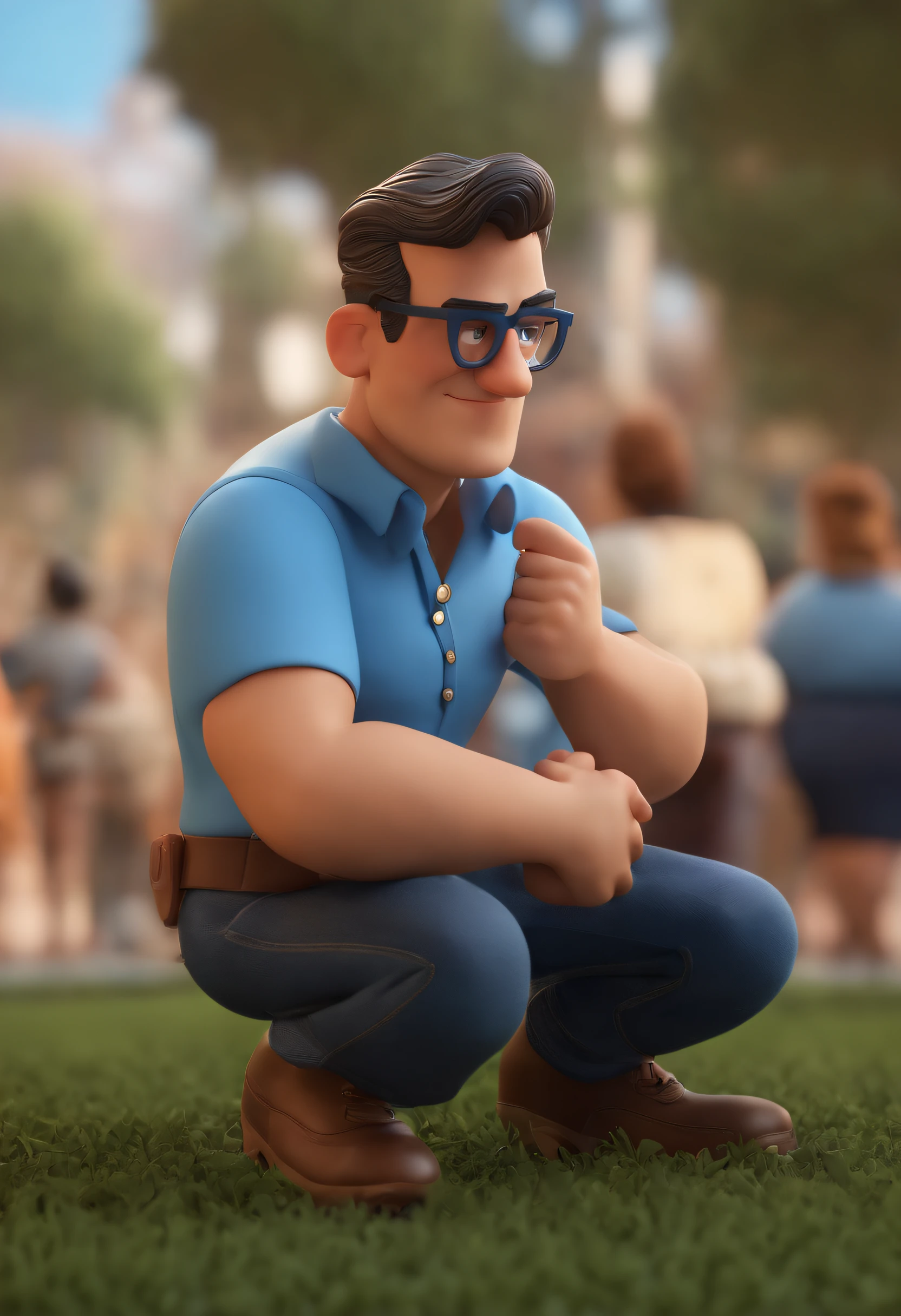 Cartoon character of a man wearing black glasses and a blue shirt, um personagem animado, Caractere estilizado, animation style rendering, 3D estilizado, Arnold Maya render, 3 d render stylized, toon render keyshot, Personagem 3D, Personagem 3D, 3d rendering stylized, 3 d character render, personagem de desenho animado, Personagem de close up, Pose de personagem, (Estilo Pixar) (master part:1.2) (Bokeh) (best quality) (pele detalhada) (textura detalhada) (8k) (argila) (Cinematic lighting) (foco nítido,Senta e vaza a parte superior do corpo
