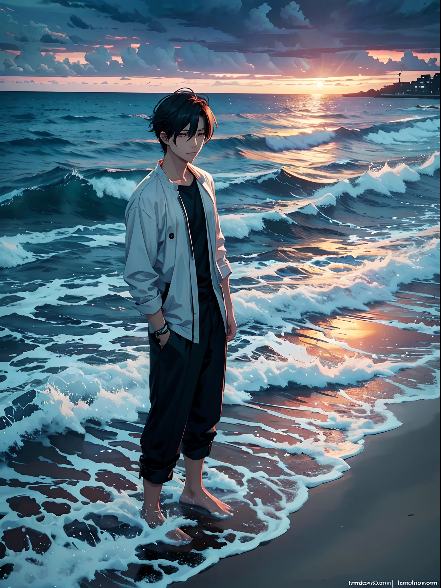 a handsome anime man on the seashore, gloomy ocean, cloudy sky, dusk, beautiful picture