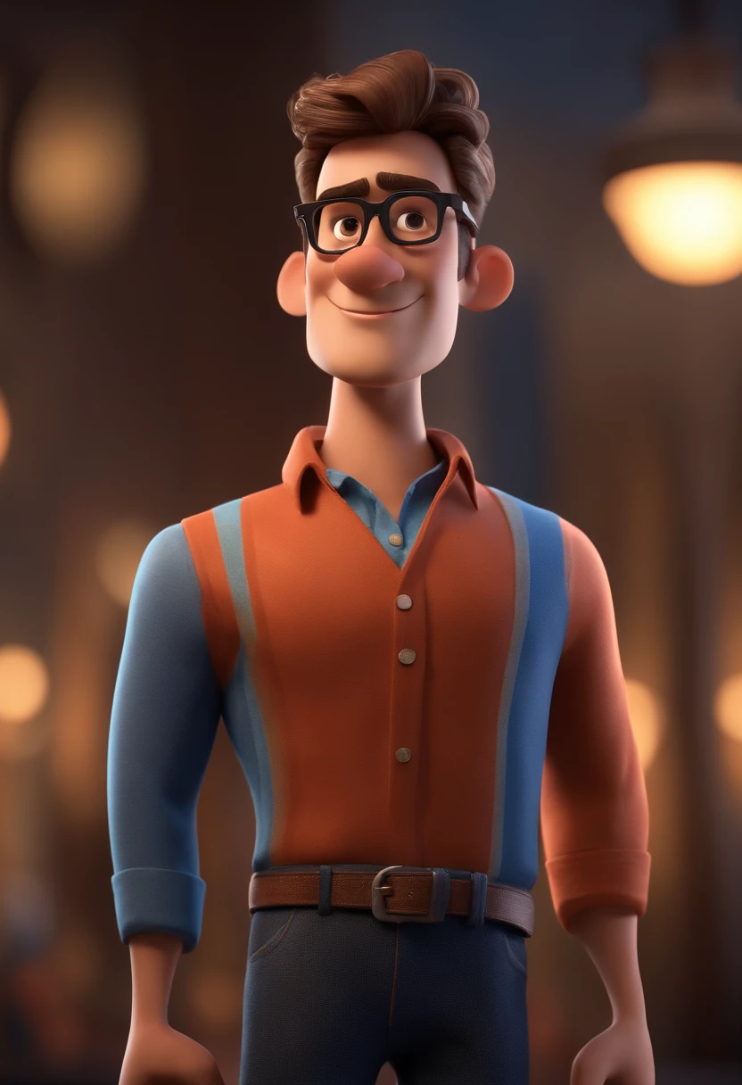 Cartoon character of a man with black glasses and a blue shirt, animation character, Caractere estilizado, animation style rendering, 3D estilizado, Arnold Maya render, 3 d render stylized, toon render keyshot, Personagem 3D, Personagem 3D, 3d rendering stylized, 3 d character render, personagem de desenho animado, Personagem de close up, Pose de personagem,  (Estilo Pixar) (master part:1.2) (Bokeh) (best quality) (pele detalhada) (textura detalhada) (8k) (argila) (Cinematic lighting) (foco nítido