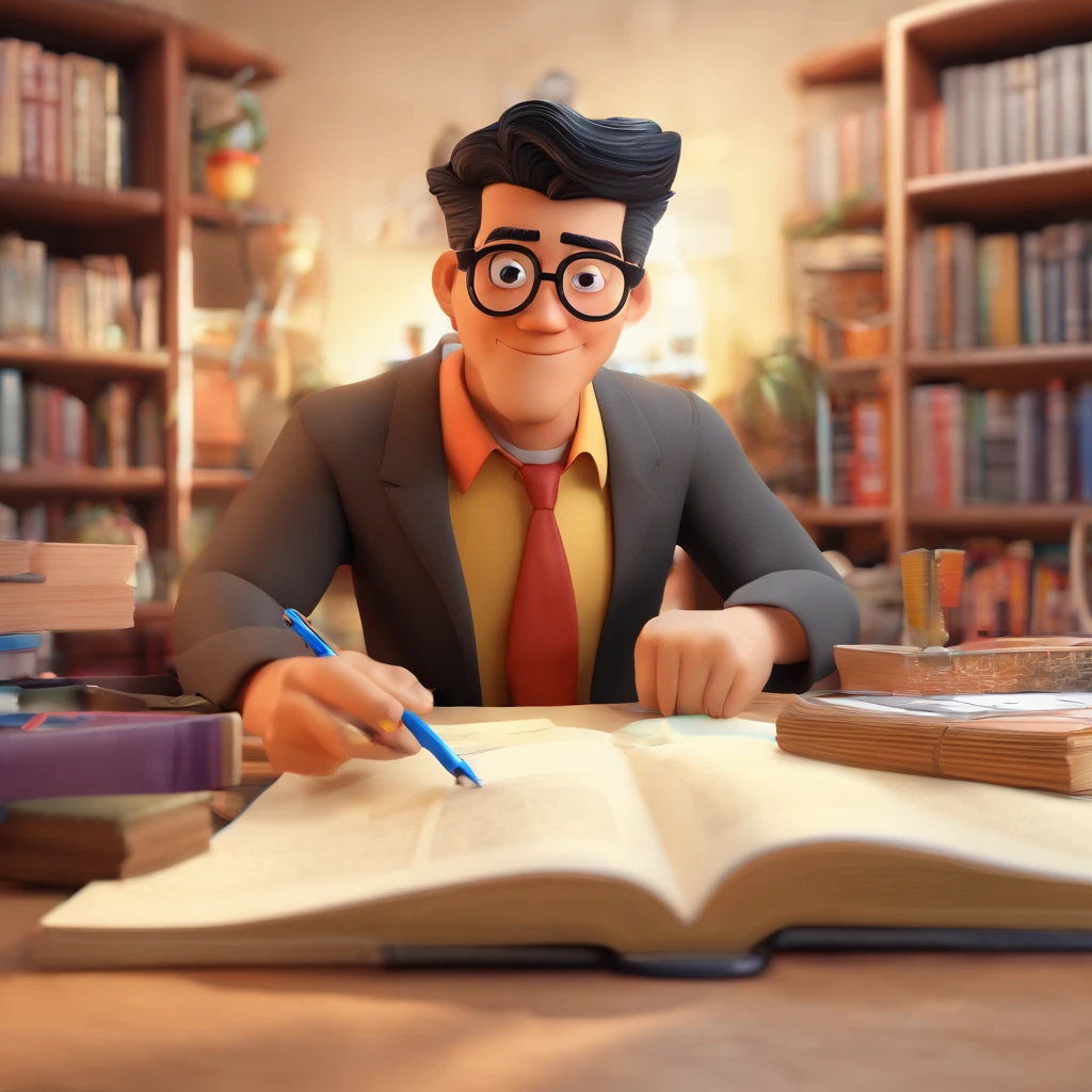 Crie um cartaz inspirado na Disney Pixar com o personagem sendo professor, A black-haired, spiky Asian man, with freckles on his face and wearing round glasses, in an office with a Bible on the table