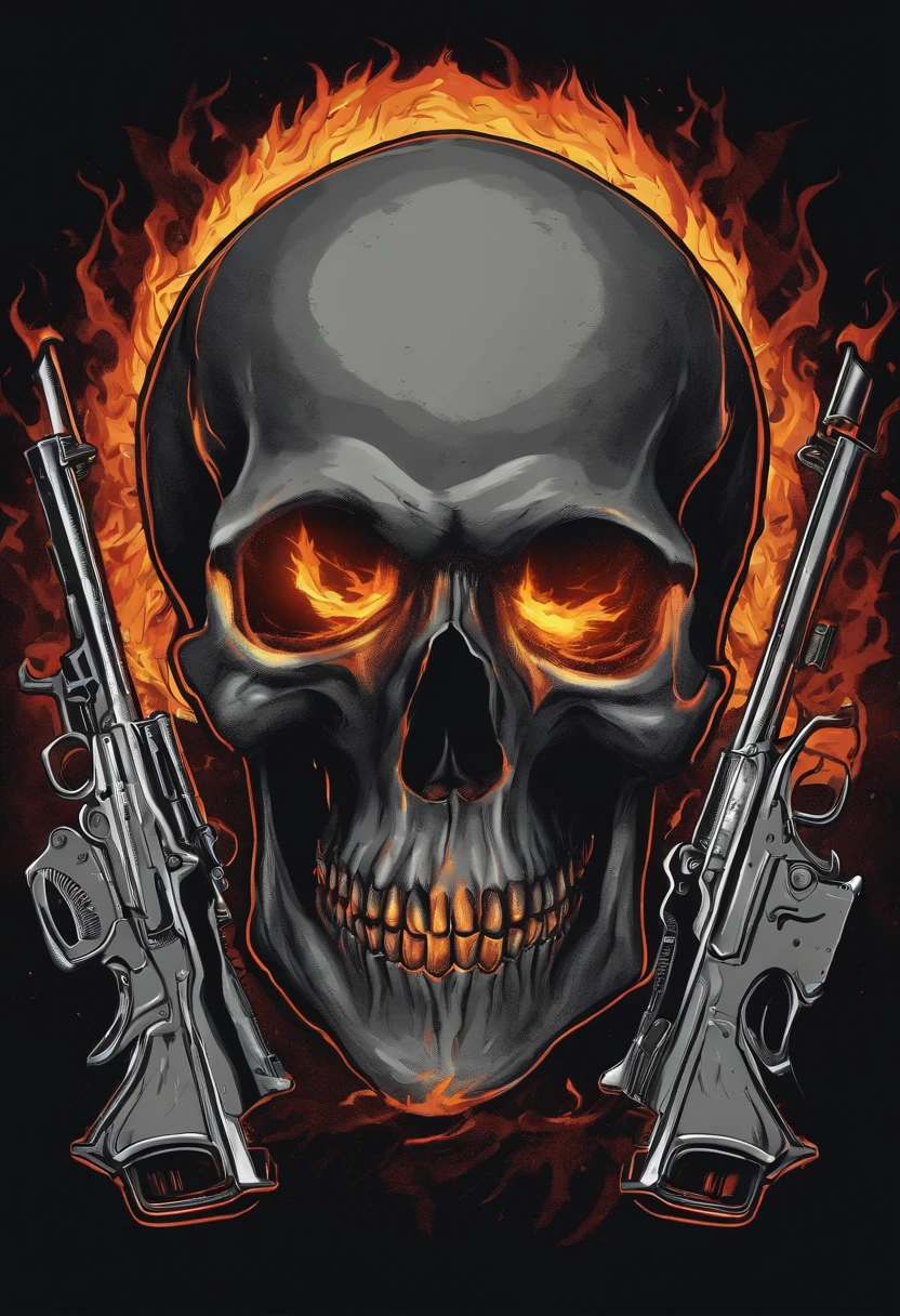 /imagine prompt: skull eye fire with gun llustration for a sticker with a black background, in bold outline style, jagged edges, trashcore, light shading --v 5.2