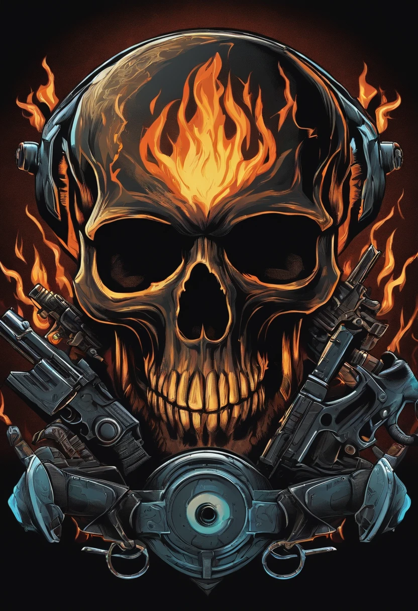 /imagine prompt: skull eye fire with gun llustration for a sticker with a black background, in bold outline style, jagged edges, trashcore, light shading --v 5.2