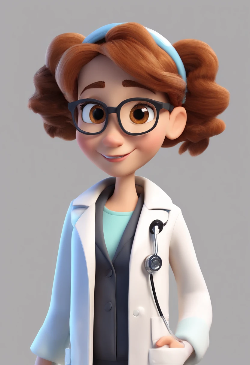 Estilo Pixar: Menina preta com cabelo cacheados bonito castanho escuro, Light brown eyes slanted in white coat holding stethoscope, in a physiotherapy clinic , 3D Poster,Disney