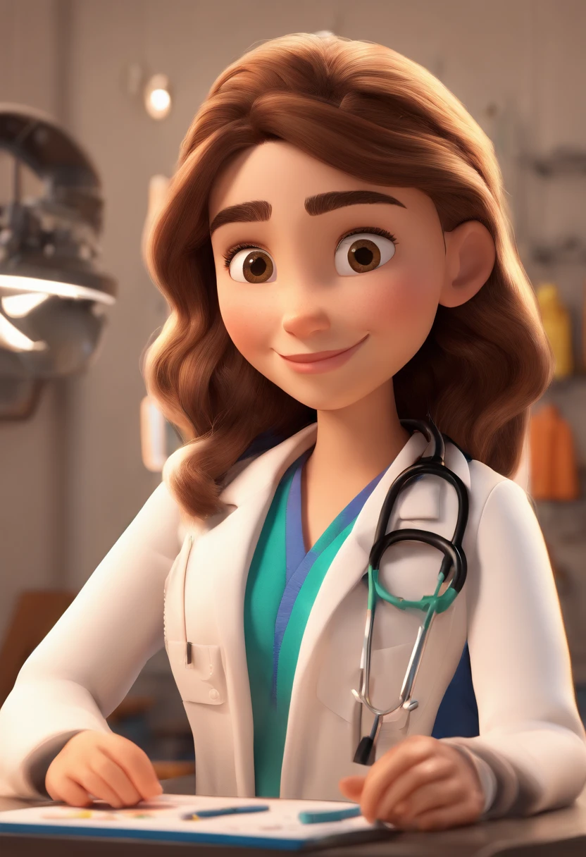 Estilo Pixar: Menina preta com cabelo cacheados bonito castanho escuro, Light brown eyes slanted in white coat holding stethoscope, in a physiotherapy clinic , 3D Poster,Disney