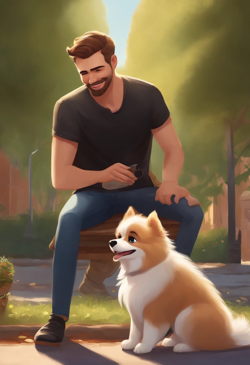 crie um banner no estilo Pixar. A tall man with short hair, trimmed beard and green eyes in jeans and a black shirt playing with his white Pomeranian dog with cream spots
