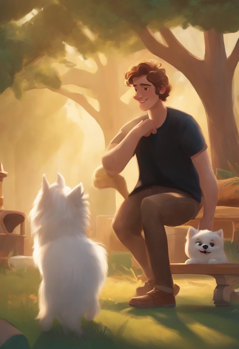 crie um banner no estilo Pixar. A tall man with short hair, trimmed beard and green eyes in jeans and a black shirt playing with his white Pomeranian dog with cream spots