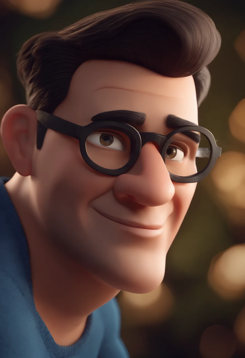 Cartoon character of a man wearing black glasses and a blue shirt, um personagem animado, Caractere estilizado, animation style rendering, 3D estilizado, Arnold Maya render, 3 d render stylized, toon render keyshot, Personagem 3D, Personagem 3D, 3d rendering stylized, 3 d character render, personagem de desenho animado, Personagem de close up, Pose de personagem, (Estilo Pixar) (master part:1.2) (Bokeh) (best quality) (pele detalhada) (textura detalhada) (8k) (argila) (Cinematic lighting) (foco nítido，Senta e vaza a parte superior do corpo