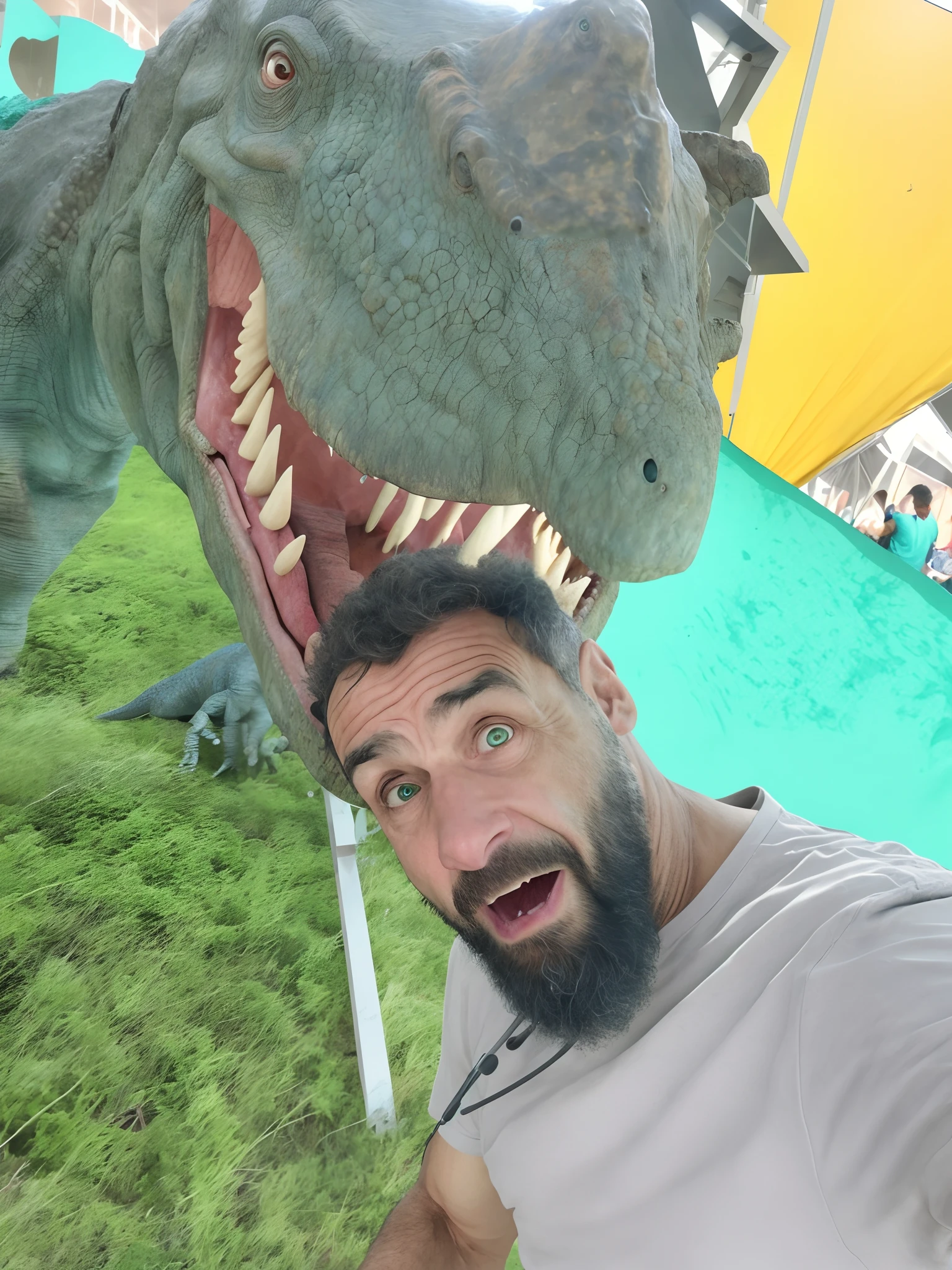 Man with sensible head swallowed by a dinosaur, foto realista melhor qualidade, homem com olhos verde