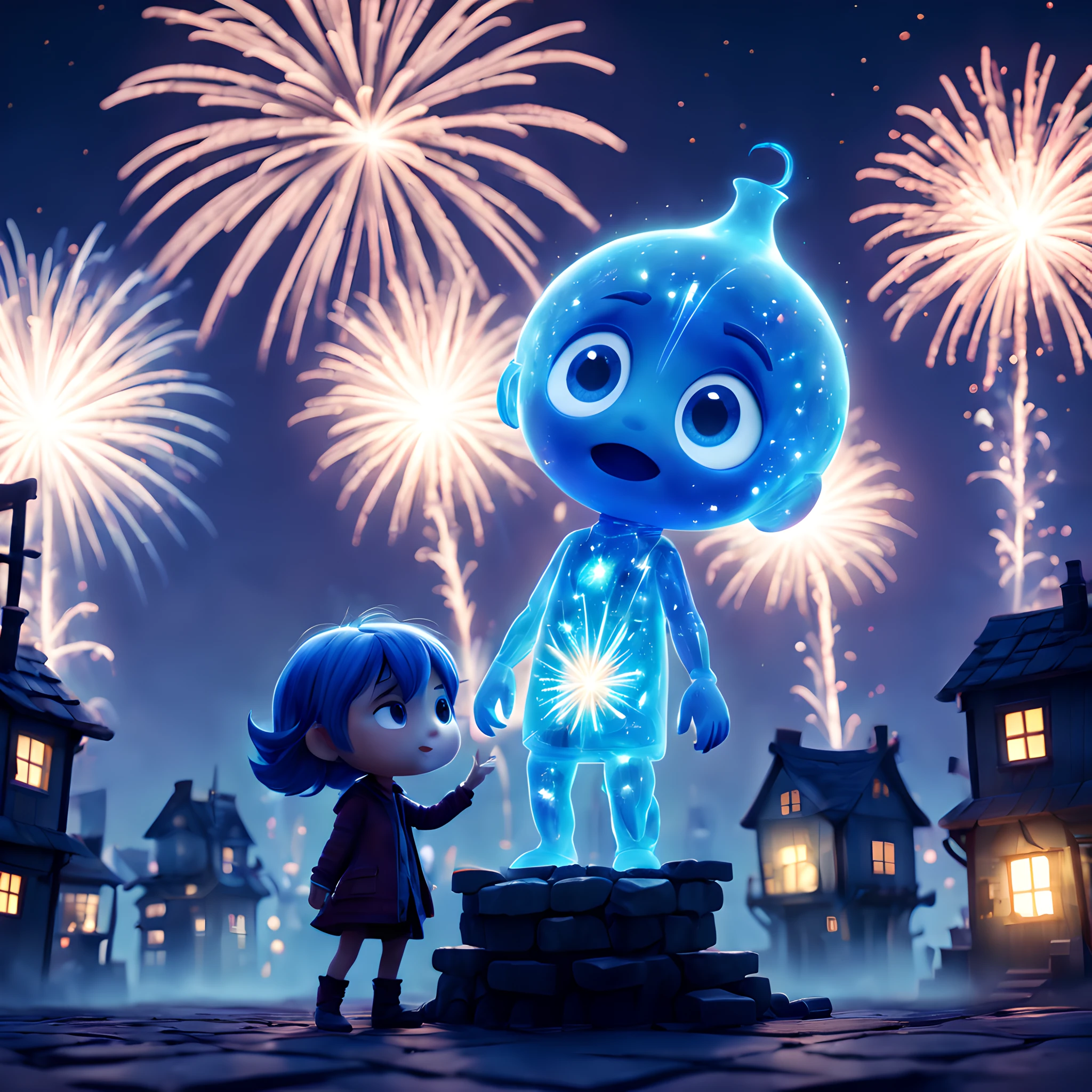 (Pixar style:1.5), (Pixar character:1.5), (chibi emote:1.5), (chibi character:1.5), (fantasy:1.5), (magical world:1.5), (spiritual world:1.5), (elemental character:1.5), (elemental people:1.5), (elemental town:1.5), (elemental futuric city:1.5), (night:1.5), (under fireworks:1.5),