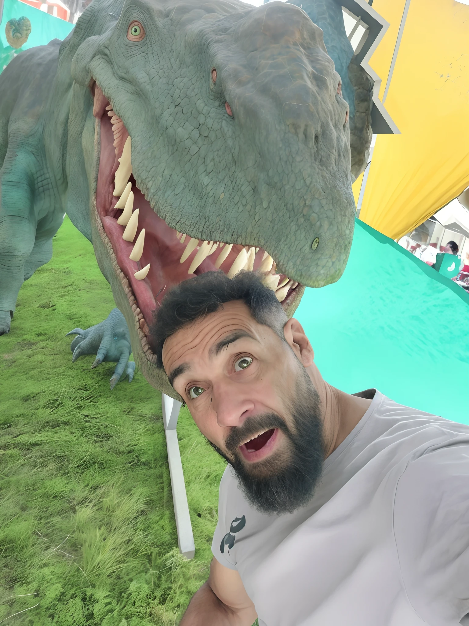 Man with sensible head swallowed by a dinosaur, foto realista melhor qualidade, homem com olhos verde