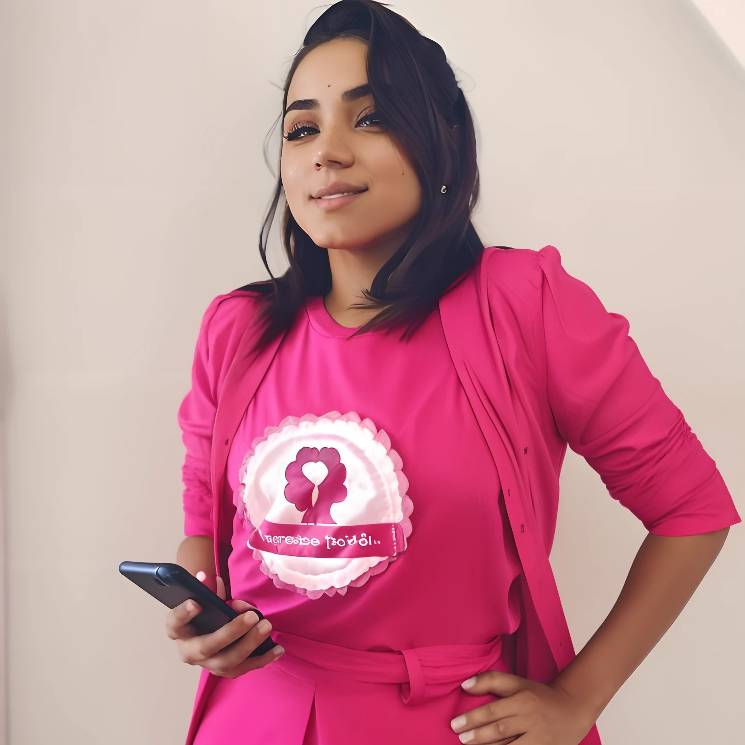 a girl, morena com roupa social rosa, with a cell phone in hand, cabelo liso medio, With your hand in the groove, olhos puxado e maquiada,