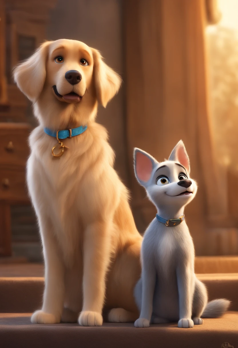 Pixar. filhote de cachorro golden beige claro e gata cinza claro com olhos azuis. Gata pequena filhote pelagem curta e rajada. Big dog long coat Both are smiling