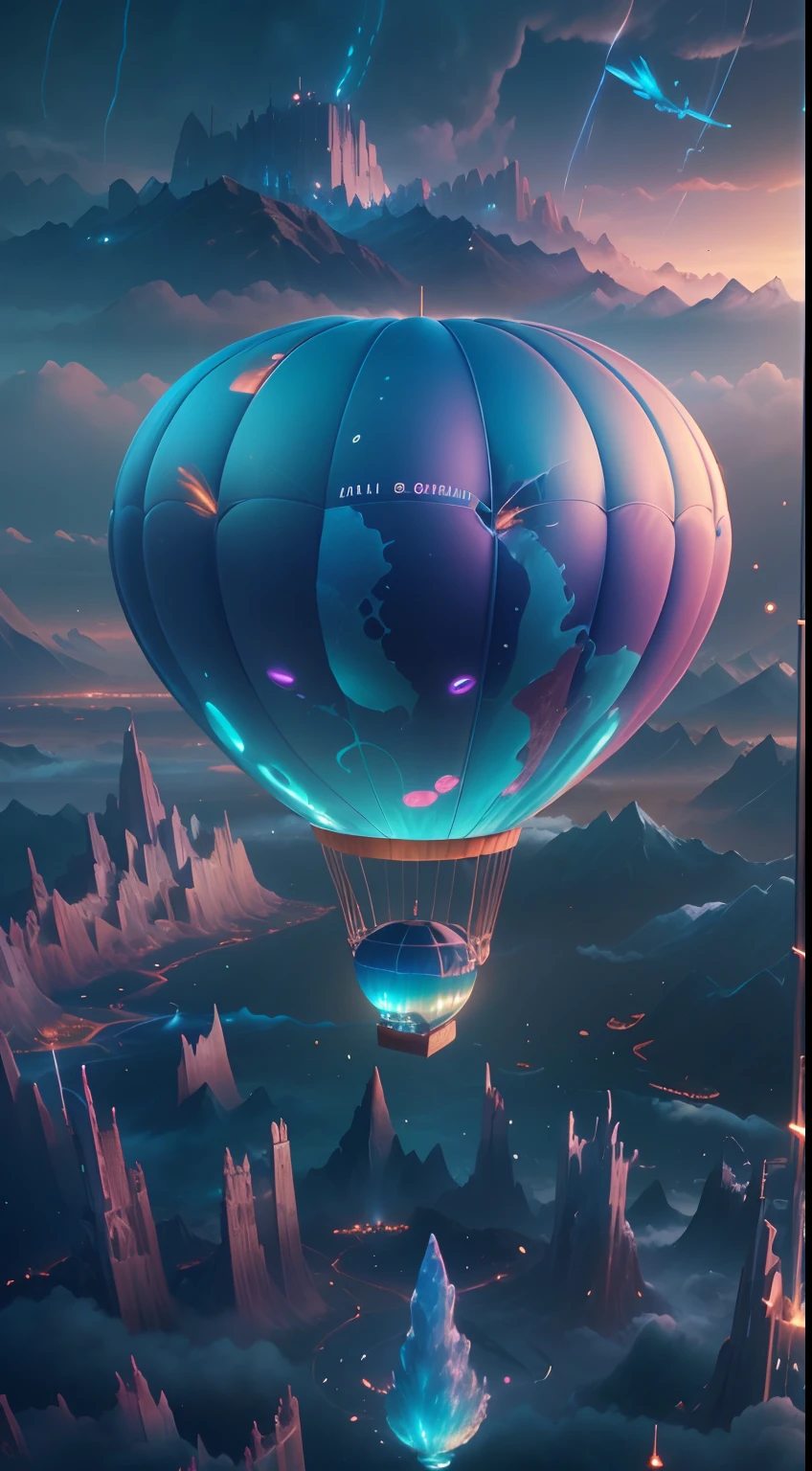 The transparent and ethereal hot air balloon glows blue,Futuristic hot air balloon in the shape of a jellyfish,blueglow,In a stunning fantasy world, A hot air balloon over a futuristic city,(Extremely detailed CG unified wallpaper), The beauty of abstract stylization,surrealism, Super detail, Best quality, Award-Awarded, Anatomically correct, 16k, Super detail,Epic futuristic science fiction,8K highly detailed digital art, Amazing wallpapers, epic fantasy sci fi illustration, 8K high quality detailed art, colorful concept art, Cute, detailed fantasy digital art, colorfull digital fantasy art, 8K highly detailed digital art, Detailed digital 3D fantasy art, surreal concept art, whimsical fantasy landscape art, fantasy cityscape