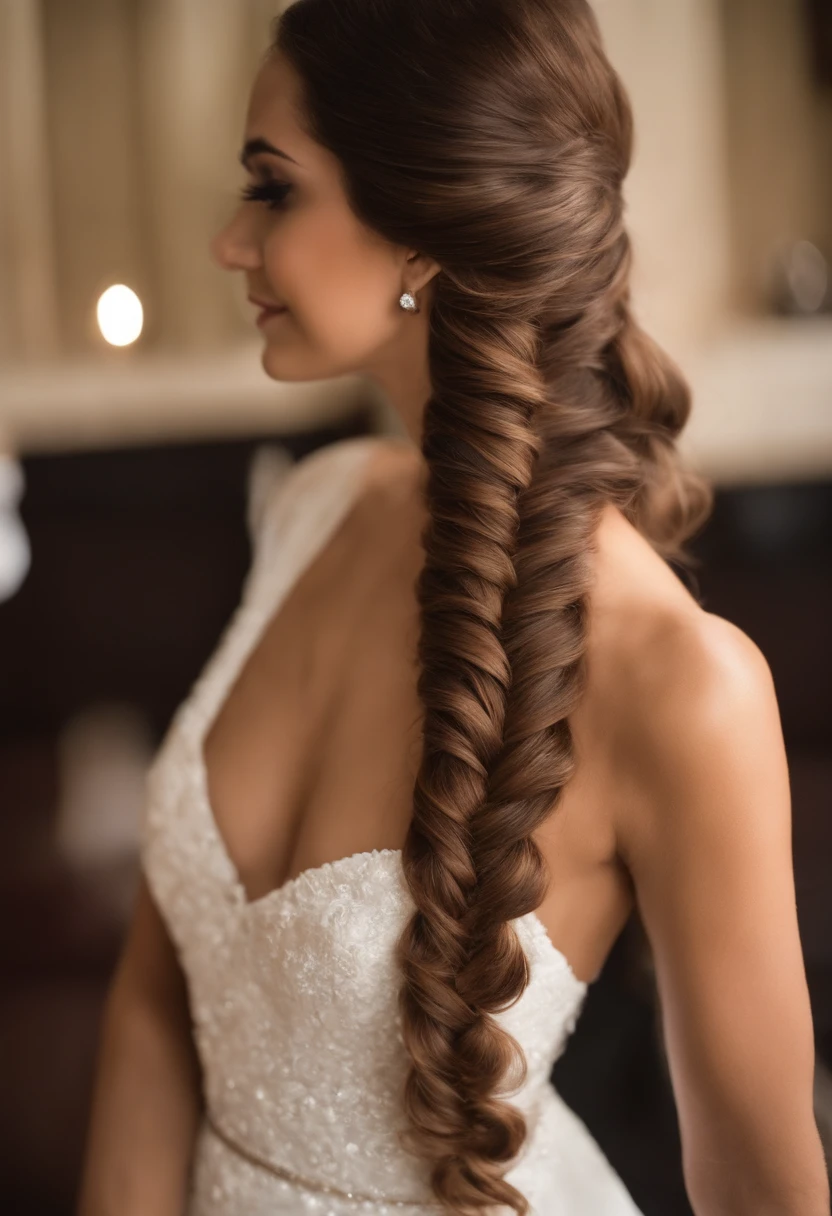 Qualidade Superior, alta qualidade de imagem, master part, cabelos grisalhos, olhos dourados, roupas brancas, Olhando para cima, parte superior do corpo, fios de cabelo, pele clara, Side braids, sorridente, Dentes Duplos