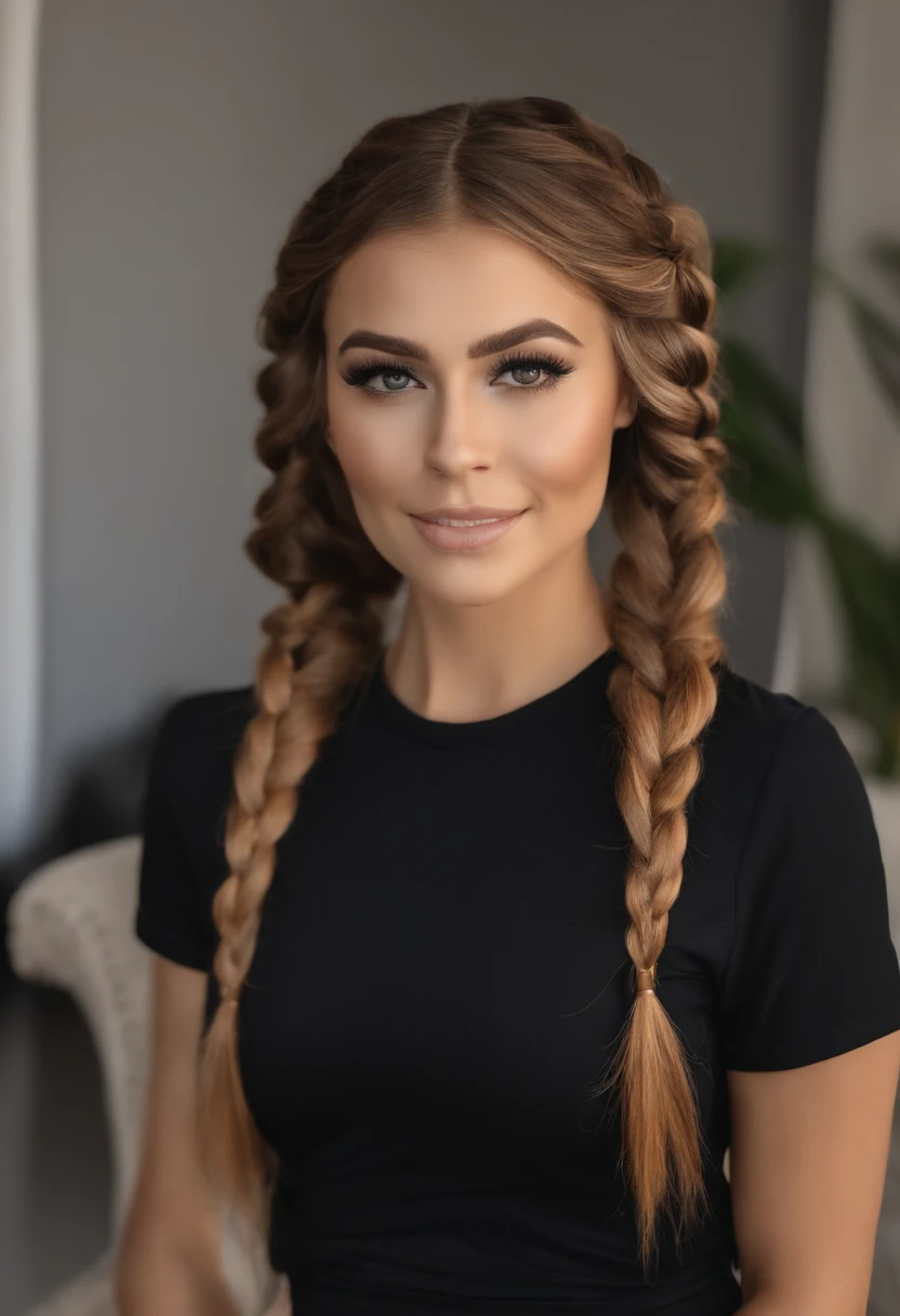 master part,1st grade, sozinho, fundo simples, Olhando para o Viewer, Sorriso leve, colar de metal, Kakuran, bandagem, black pants, Encrenqueiro, ianque, Accessories, Cor de cabelo de dois tons com castanho claro, unique hairstyle, fashionable, french braid, fundo simples, fundo preto, corpo inteiro, odd eye