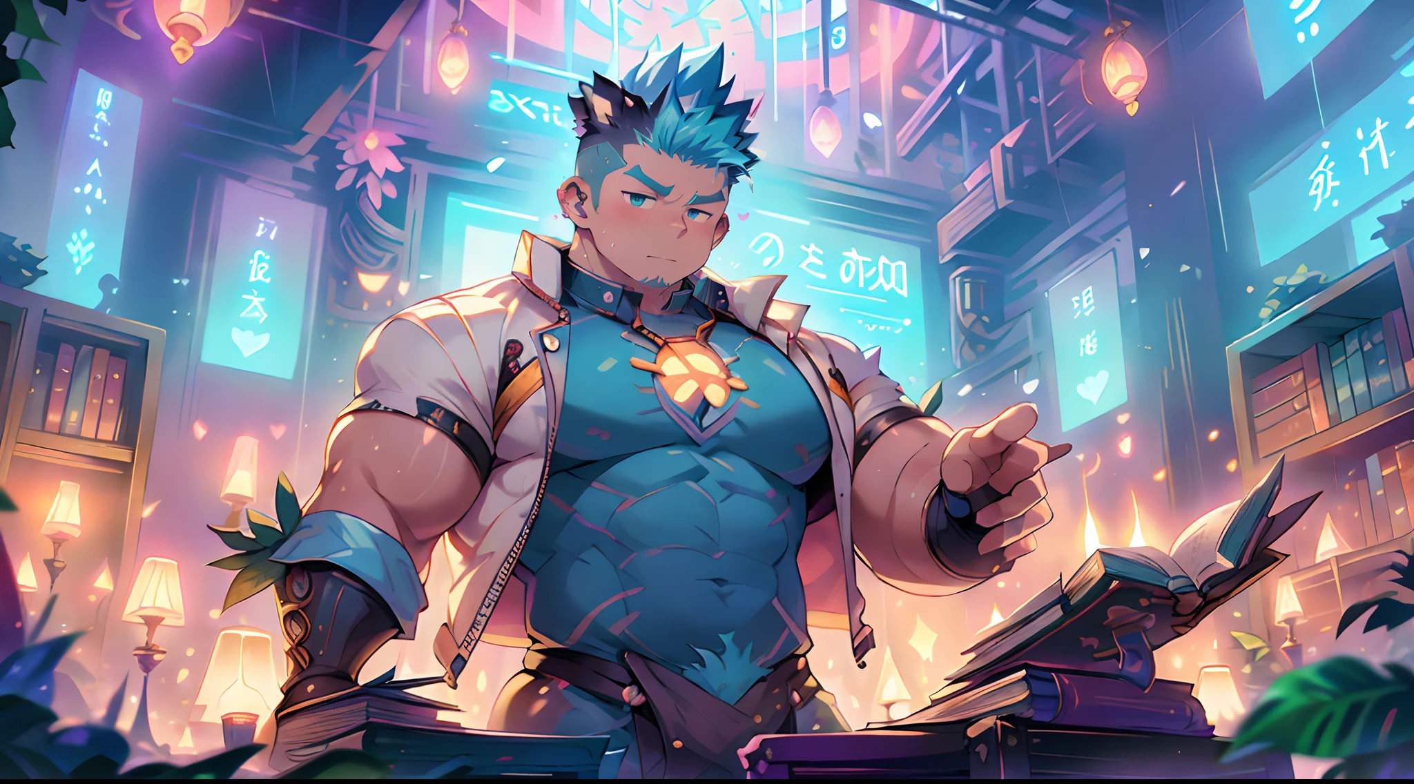 skyscraper colorful neon lights effects, ancient library for botanical magic covered ivy forest, kawaii moe anime 8K, undercut, faux hawk, creamy babyface super buff muscular slayer wear sci-fi jacket on shirtless, ton of books, trending on pixiv, kawaii moe anime