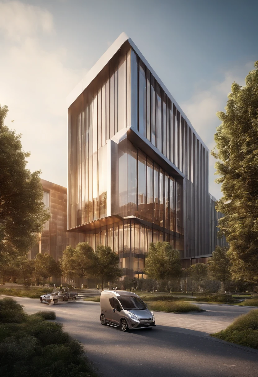 Architectural landscape，There is a meadow in front, research complex, medical research facility, wide angle exterior 2022, modern technology building, the photo shows a large, Office building, building facing, University, coper cladding, high detail photo, There are vehicles on the road，parking space，News, wide image, kan liu, Wu Liu, foster and partners, Office, leaked image，16K，Ultra photo realsisim，realisticlying，closeup cleavage，Promotional image，Close-up of the building
