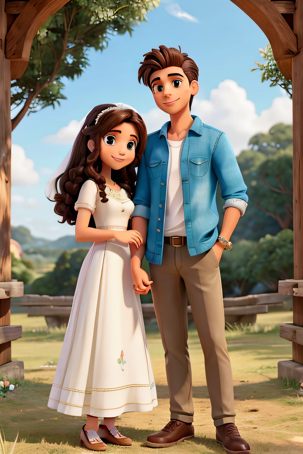 Casal de jovens estilo disney apaixonados. They hold a wedding ring putting on their finger they are in an open countryside in the countryside with picnic background . eles usam roupas combinando . Parecem um casal de adultos um homem de cabelo cacheado e a mulher tambem de cabelo cacheado. detalhe ao cabelo cacheado do casal , ambos com o cabelo cor castanha