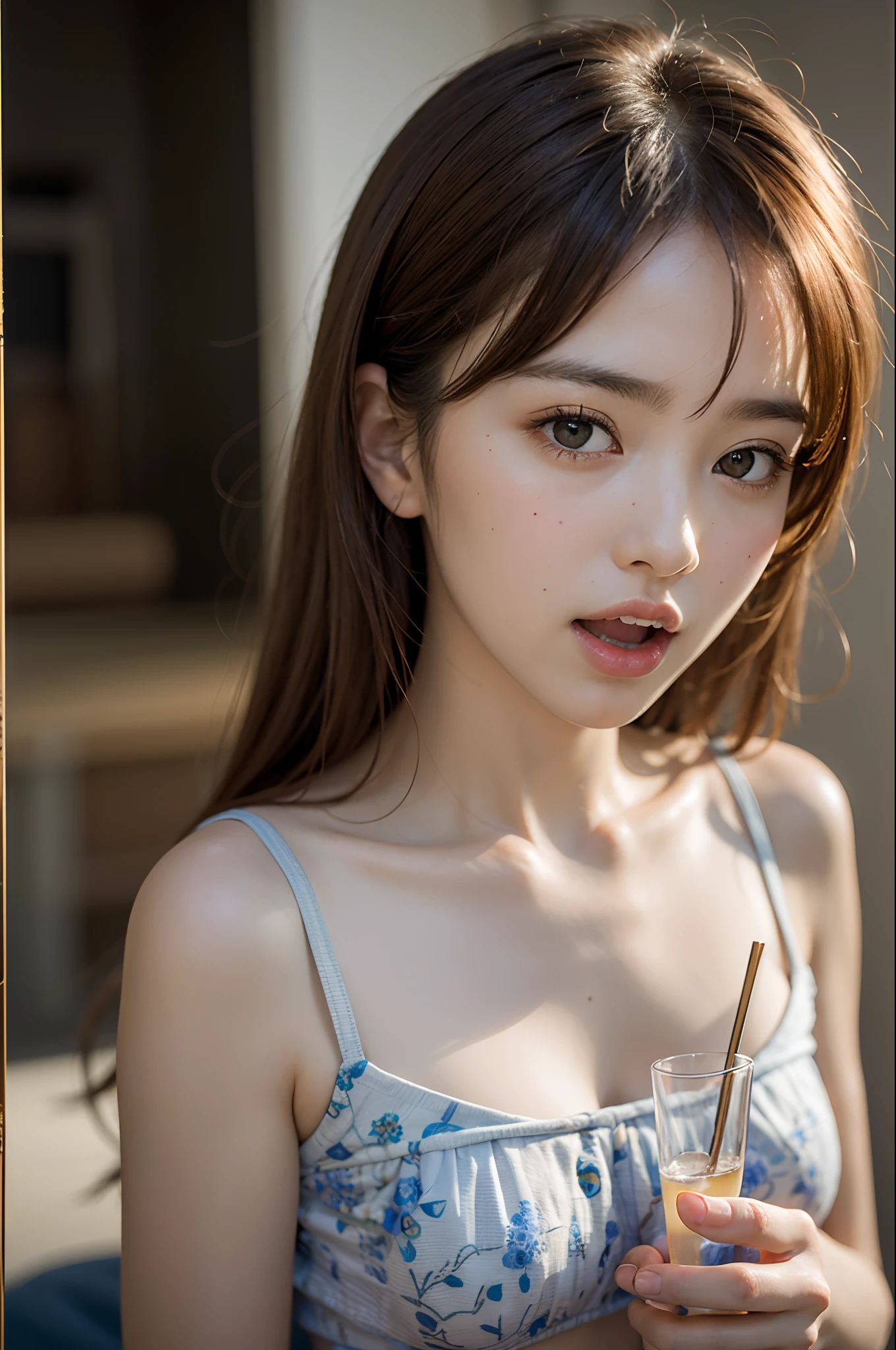 Best Quality, Masterpiece, The ultra-Highres, (Photorealistic:1.4), (close portrait) Raw foto, 1Girl, high school girl, (Open mouth) Holding a glass, masterpiece, photograph realistic, Photos of Japan, Fuji Negative Film, Low saturation, low contrast, Pocari Sweat Advertisement ((Small breasts))
