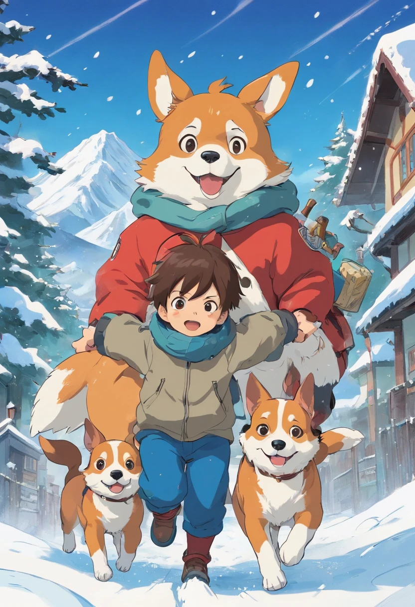 younge boy,There are ears of two small beagles on the head,Roll in the snow,Q version,Simple lines,Dirty face