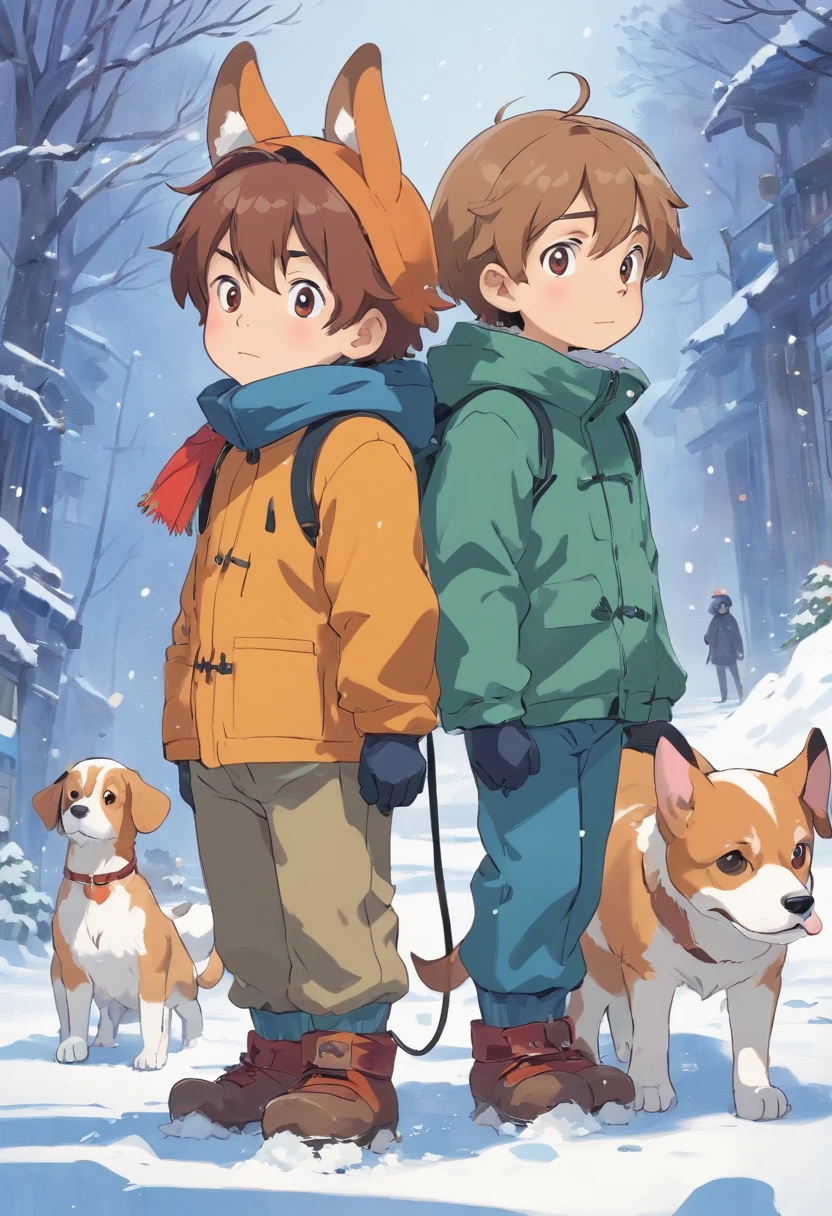 younge boy,There are ears of two small beagles on the head,Roll in the snow,Q version,Simple lines,Dirty face
