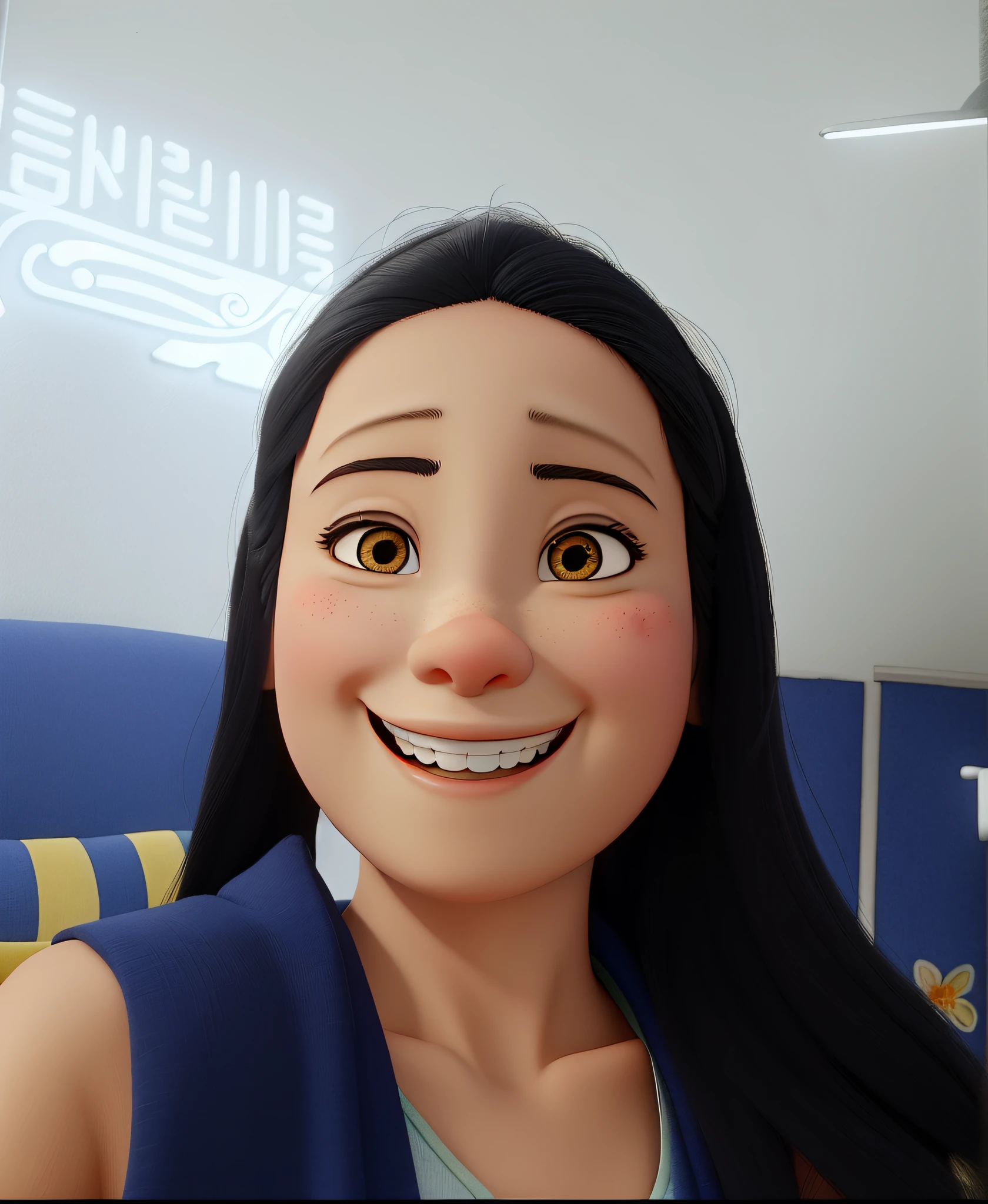 Uma Mulher oriental sorrindo sob a luz estilo disney pixar, alta qualidade, melhor qualidade fundo branco