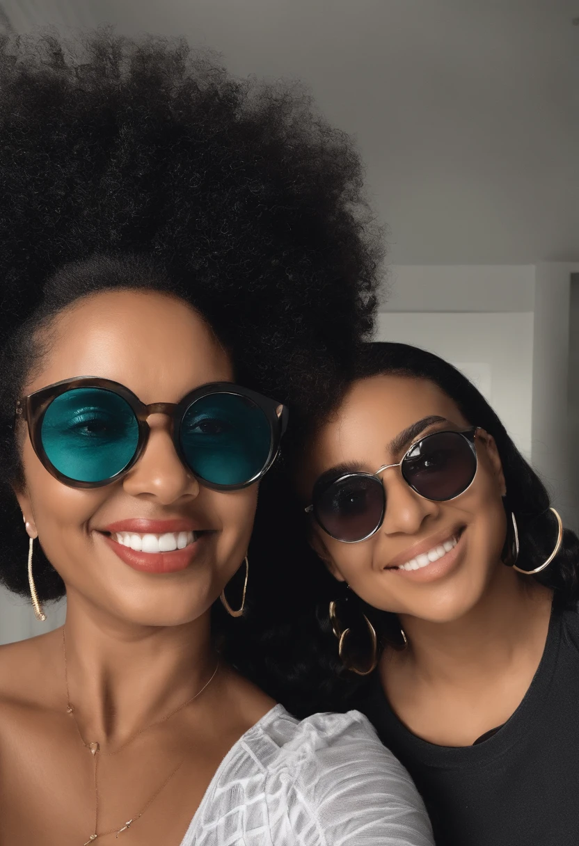 There are two women posing together for a photo, Black-skinned woman with round black glasses, very short curly hair, Fair-skinned woman with black glasses, medium curly black hair, fotografia: Soldado Nandor, instagram, Tachisme, noite!, imagem de perfil, duas mulheres, imagem do avatar , both smiling for the camera, in Rio de Janeiro, Foto do perfil, 3 5 old Brazilian mother, foto do snapchat, Foto POV, Duas mulheres bonitas no amor, foto selfie
