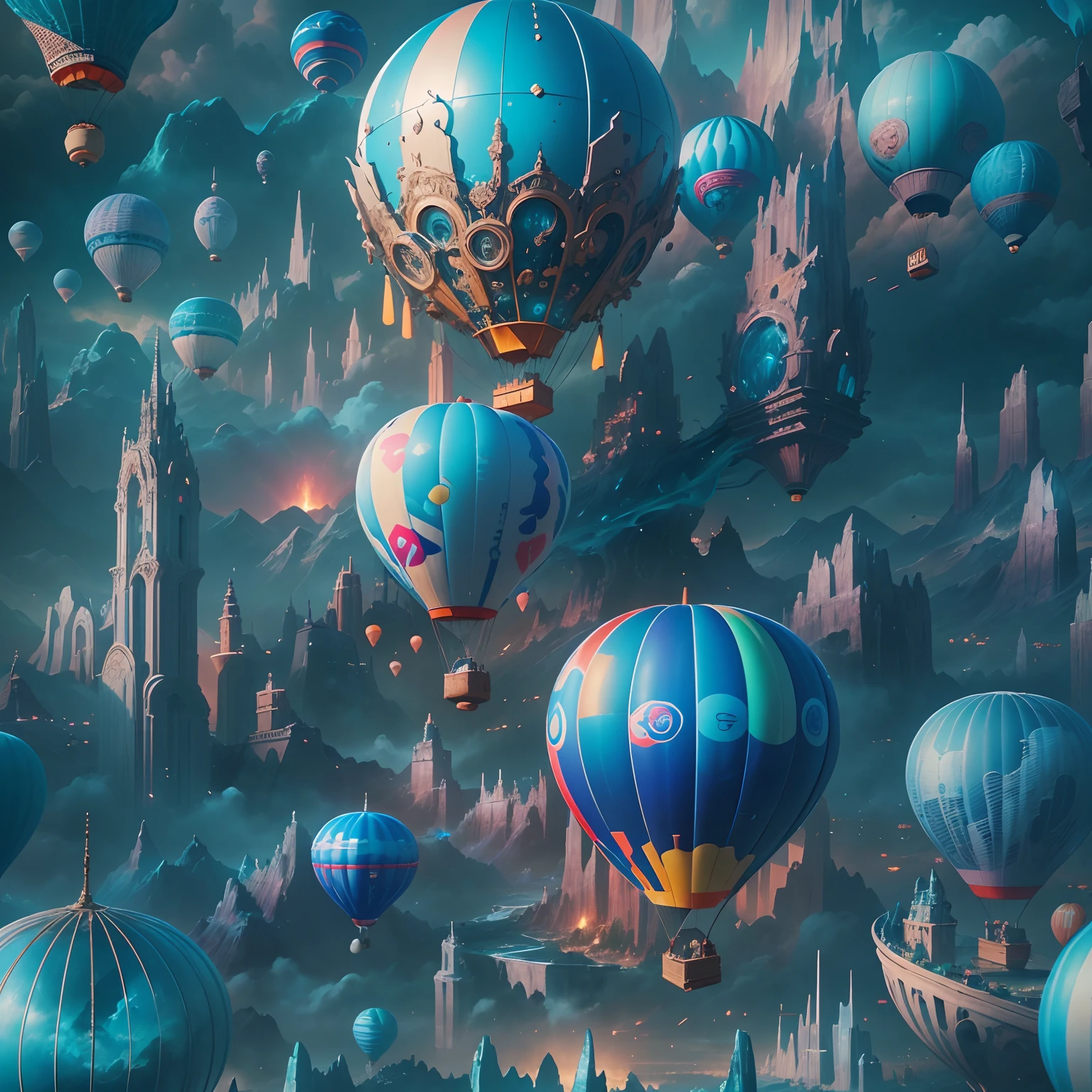The transparent and ethereal hot air balloon glows blue,Futuristic hot air balloon in the shape of a jellyfish,blueglow,In a stunning fantasy world, A hot air balloon over a futuristic city,(Extremely detailed CG unified wallpaper), The beauty of abstract stylization,surrealism, Super detail, Best quality, Award-Awarded, Anatomically correct, 16k, Super detail,Epic futuristic science fiction,8K highly detailed digital art, Amazing wallpapers, epic fantasy sci fi illustration, 8K high quality detailed art, colorful concept art, Cute, detailed fantasy digital art, colorfull digital fantasy art, 8K highly detailed digital art, Detailed digital 3D fantasy art, surreal concept art, whimsical fantasy landscape art, fantasy cityscape